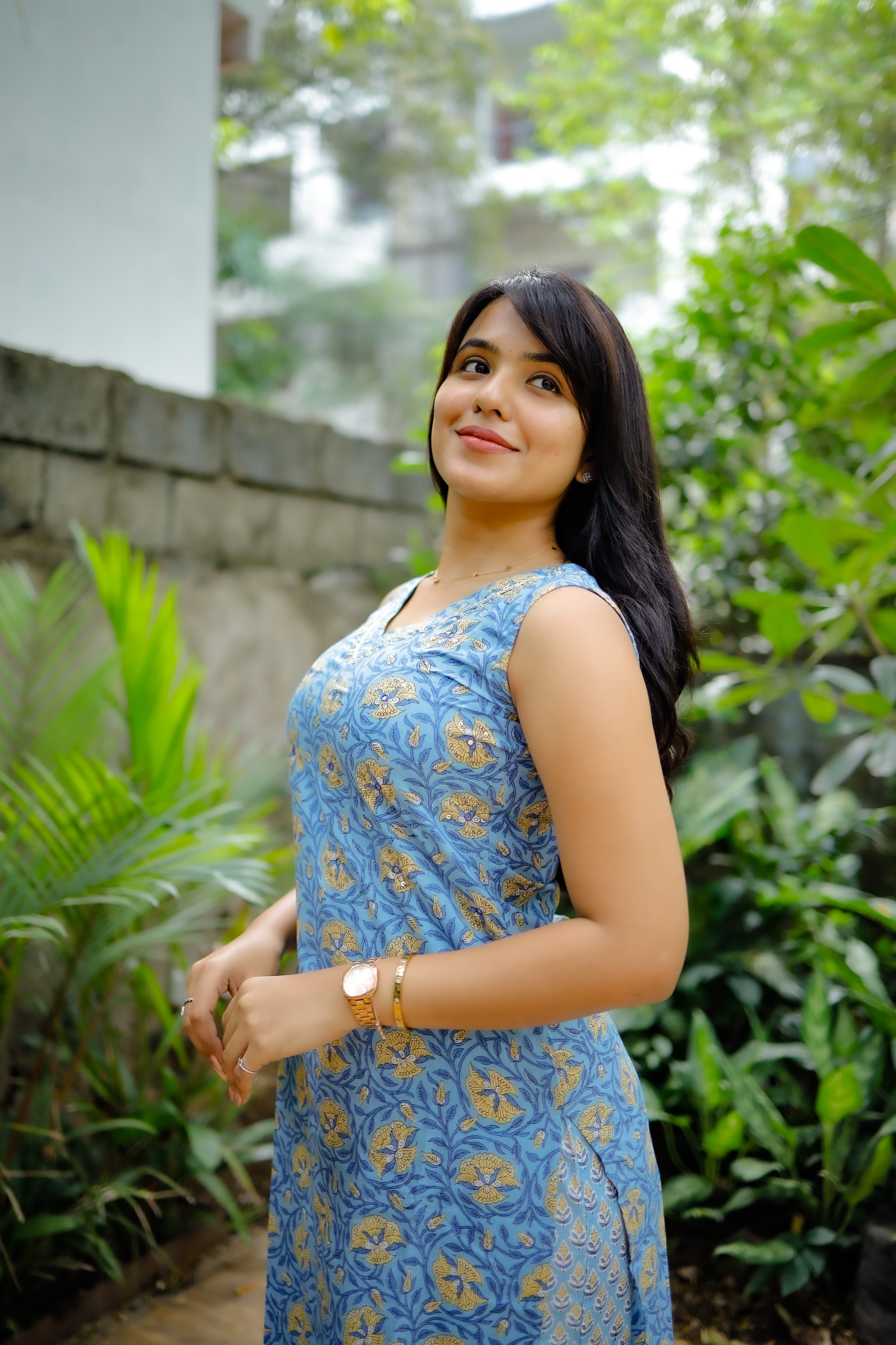 Yashica - floral handblock printed cotton 2 pc suit set in blue and yellow