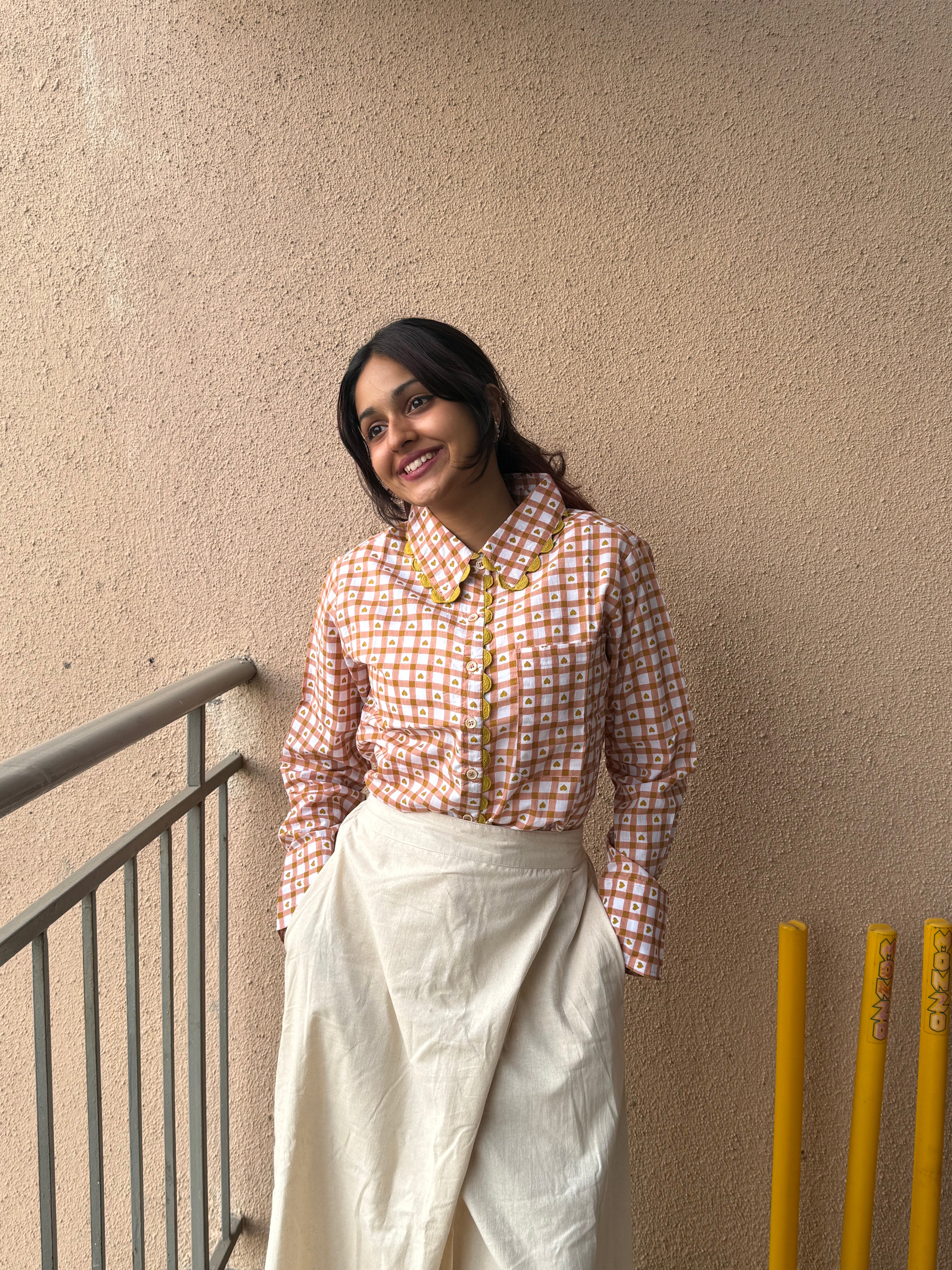 Women's shirt 6 -cute heart printed organic cotton shirt in peach and yellow