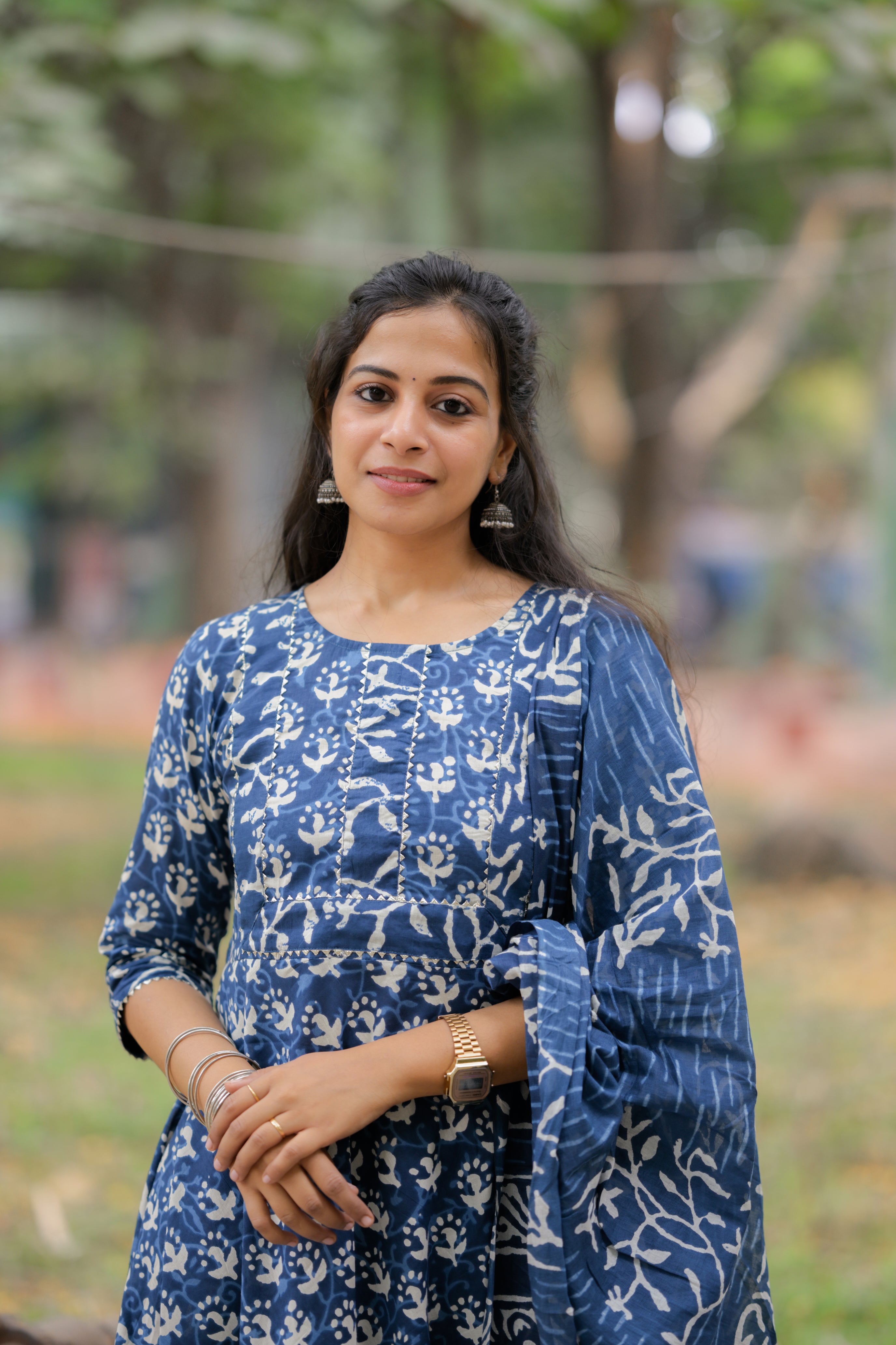 Lasya - handblock printed anarkali cotton suit set in indigo