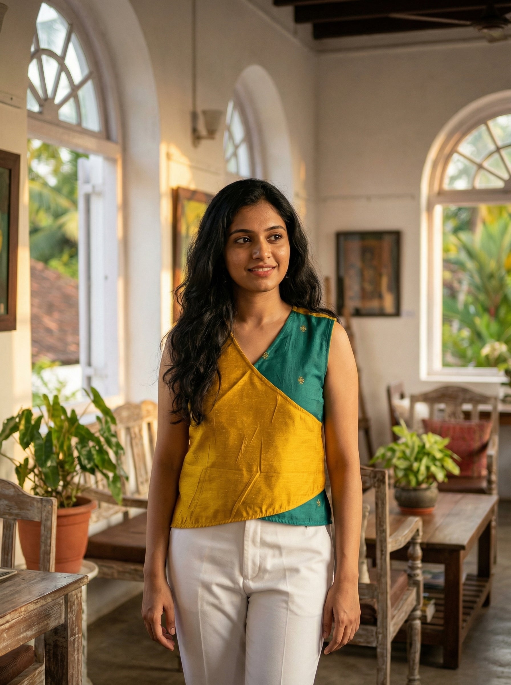 Crop top #25- handloom organic cotton top in mint green & yellow