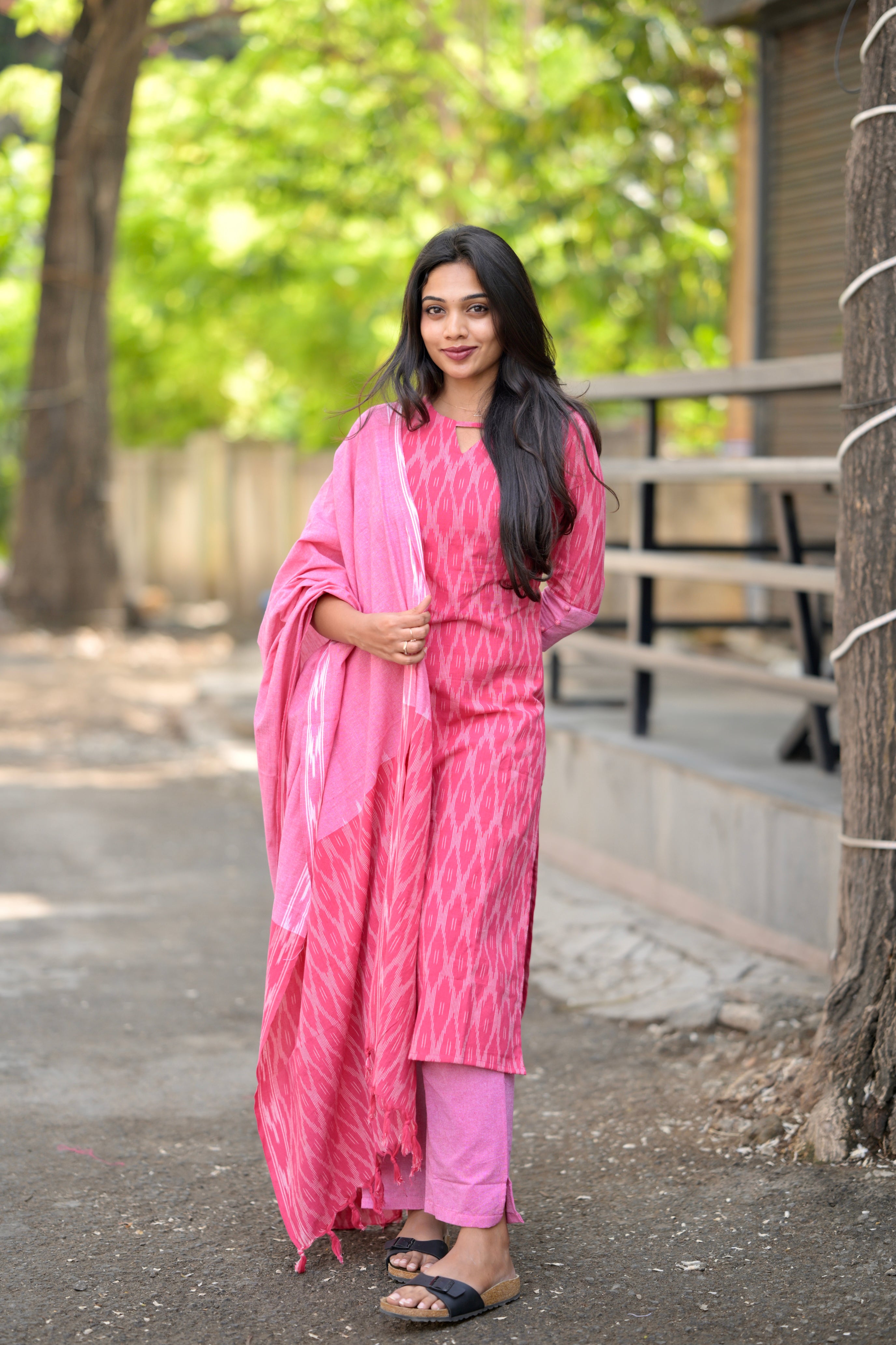 Tulsi (pink) - pochampally ikkat handloom cotton suit set in pink