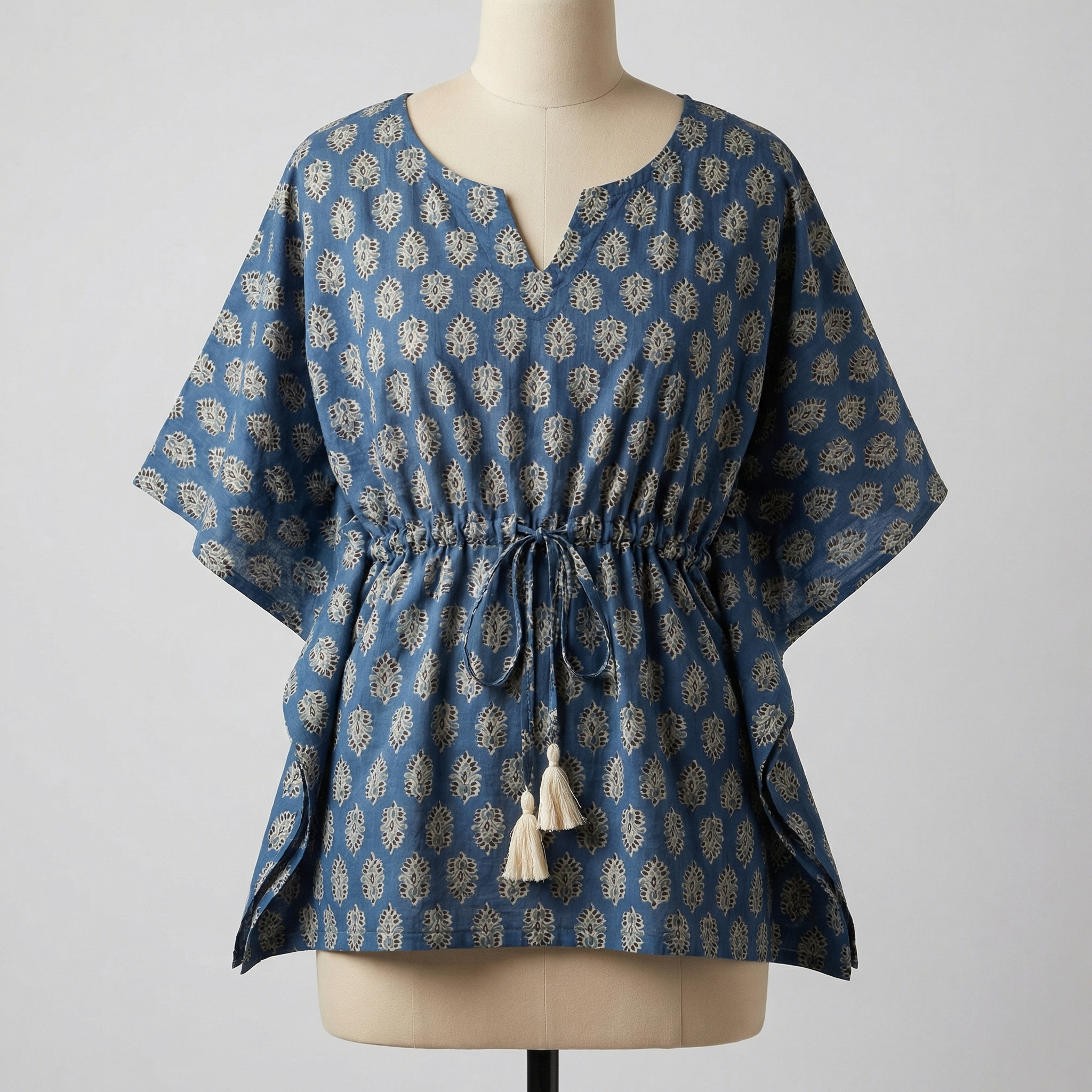 Kaftan Top #30- Leaf printed organic cotton kaftan top in dark blue