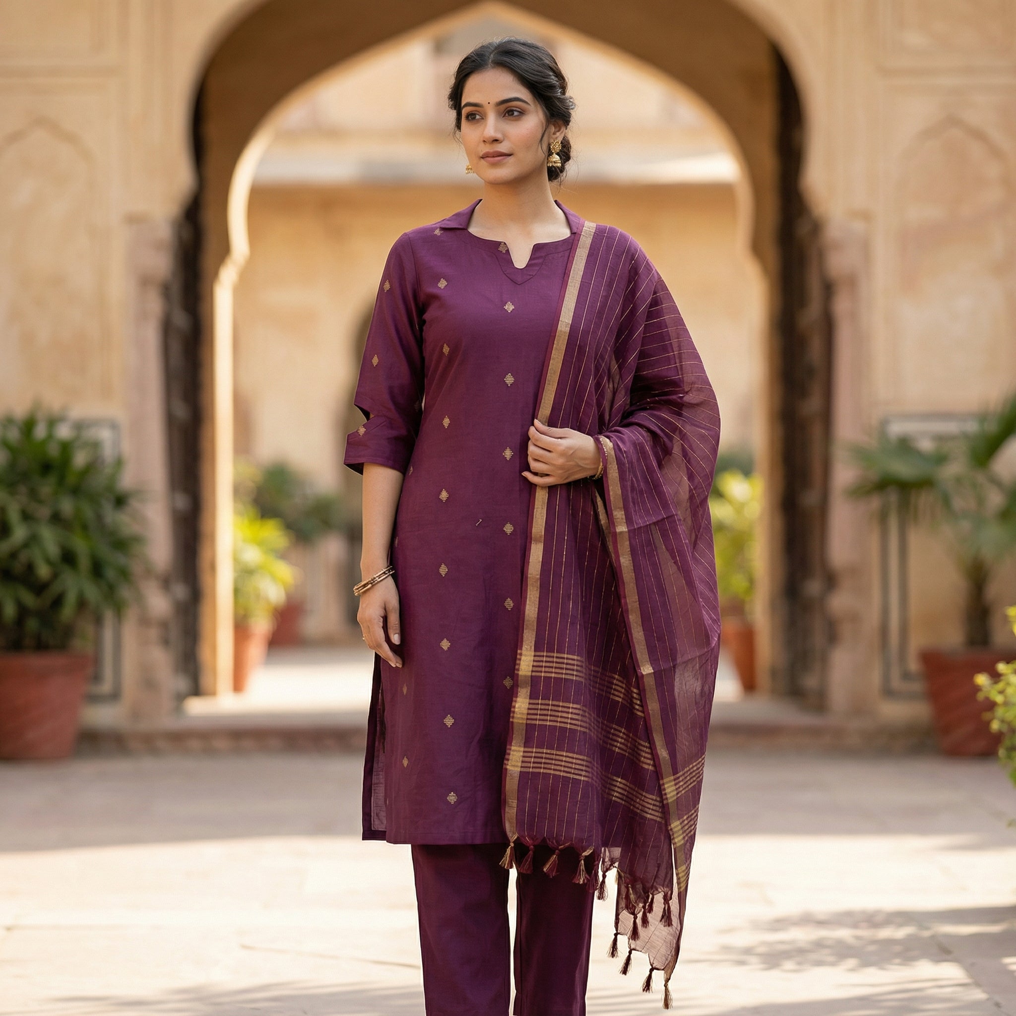 Komal(wine) - handloom cotton suit set in wine colour
