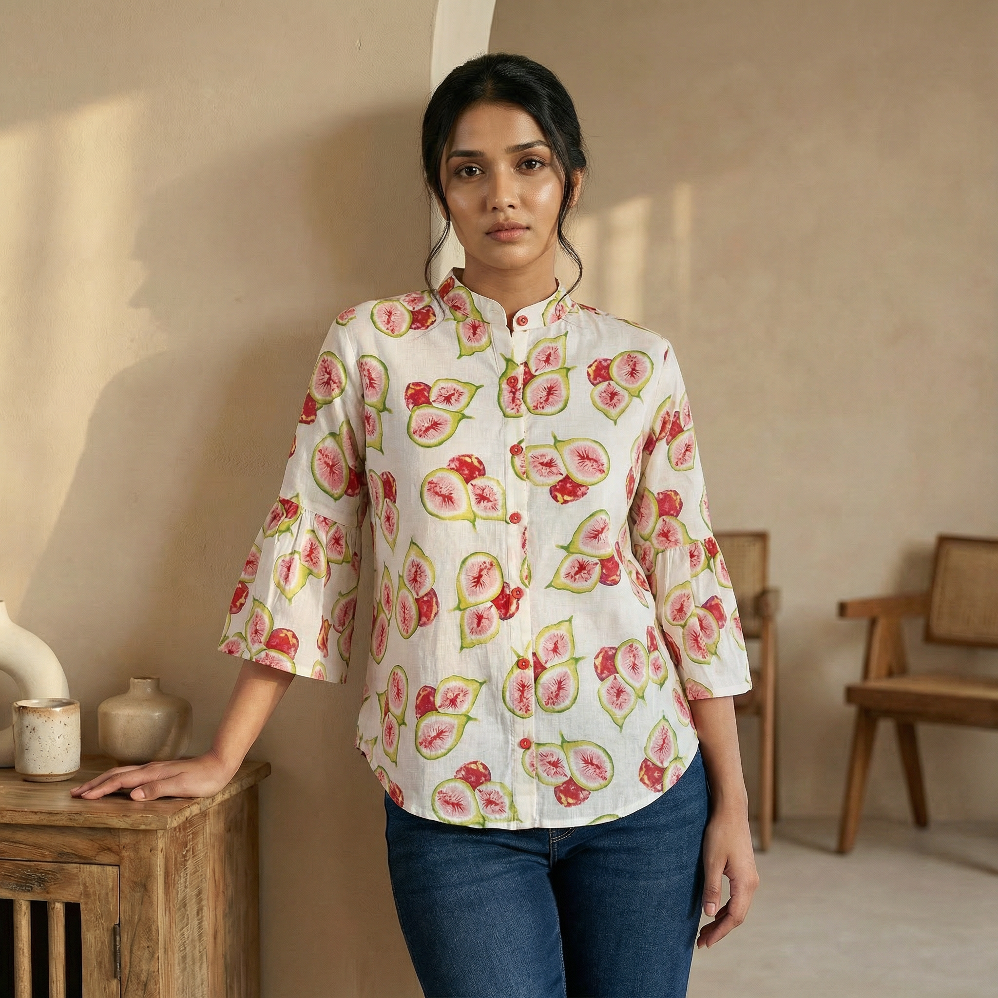 Women's shirt 25- Fig printed organic cotton shirt in off white