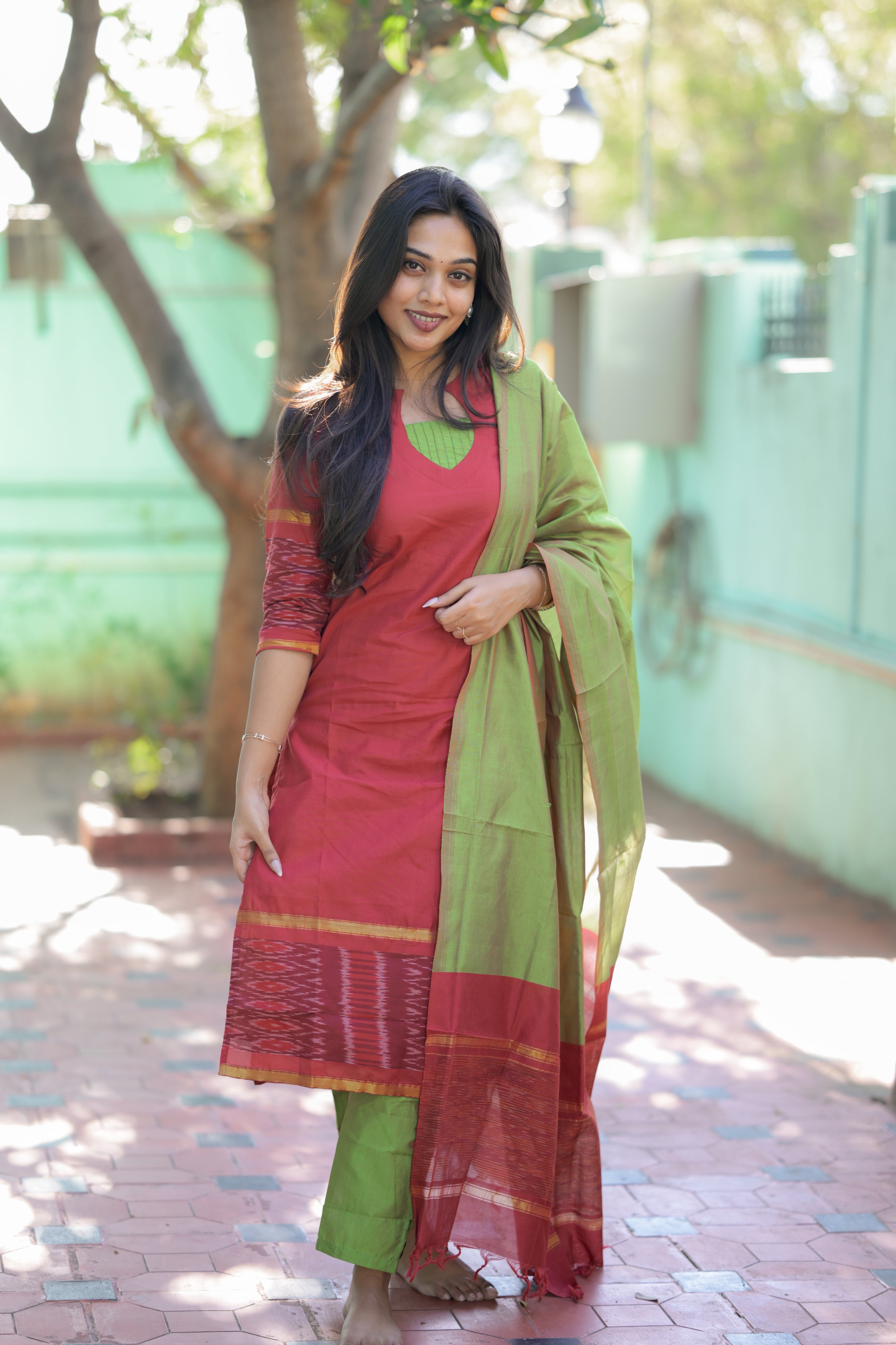 Jyotika ( red ) - handloom silk by cotton suit set in red & green