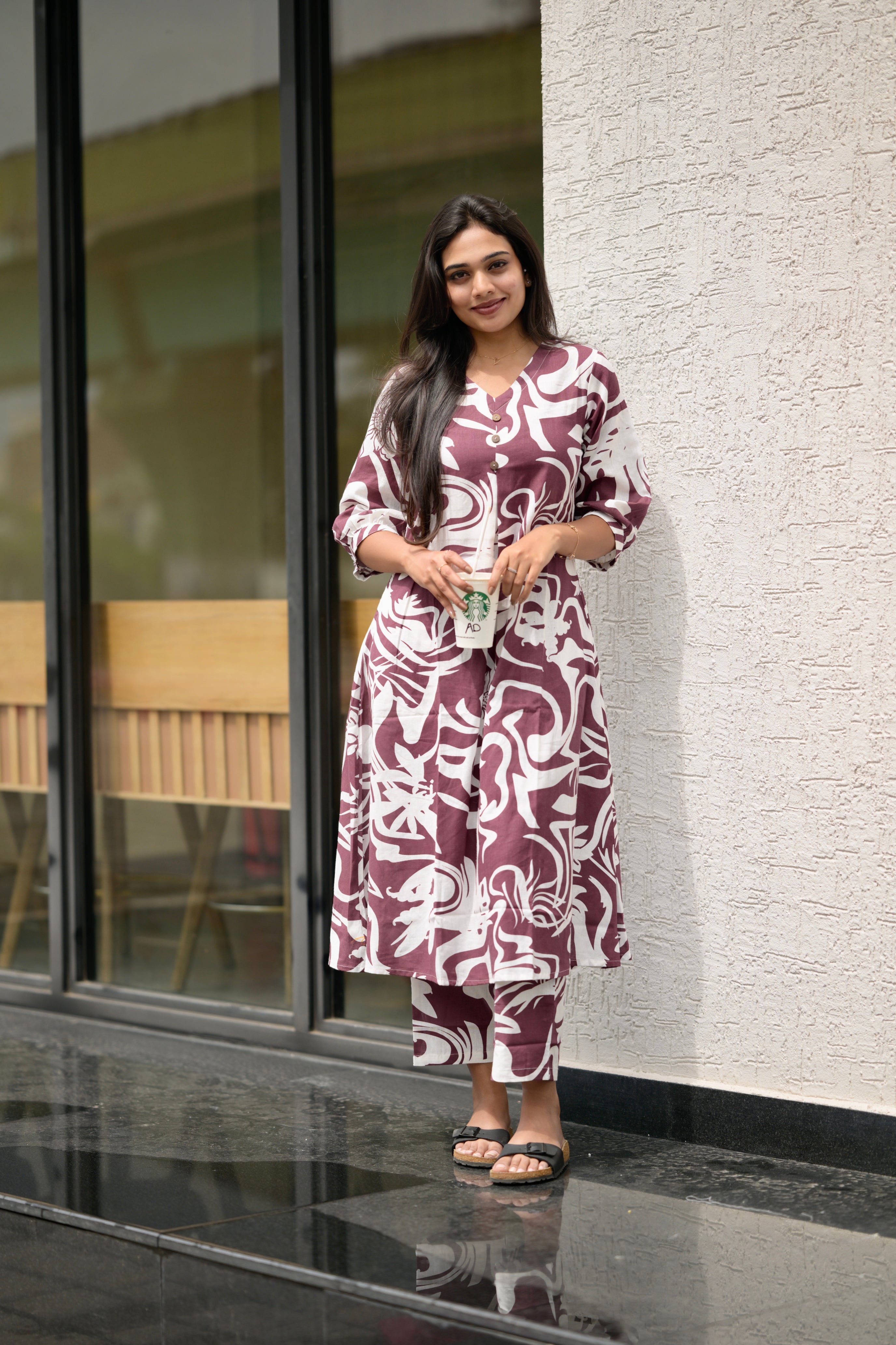 Prarthna ( wine) - abstract printed A line cotton flex kurta set聽