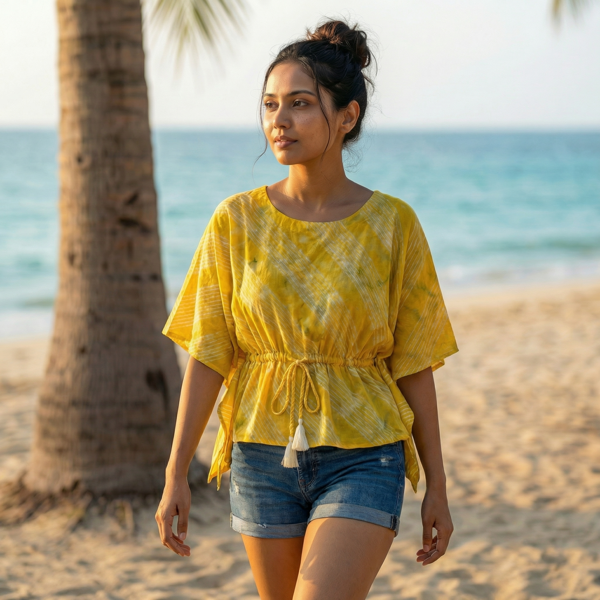 Kaftan Top #20- Shibori printed organic cotton kaftan top in yellow