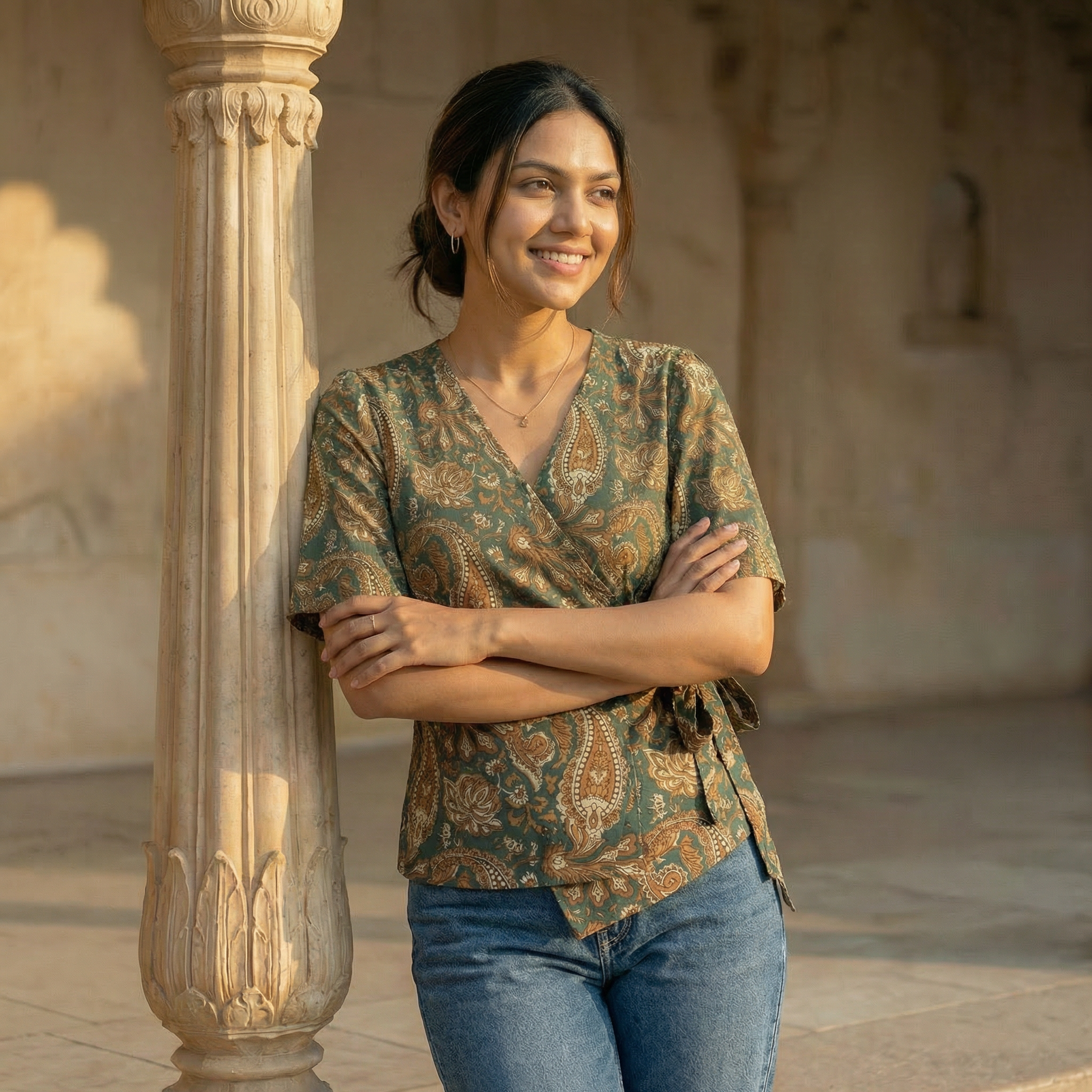 Crop top #102- handloom organic wrap on cotton top in forest green