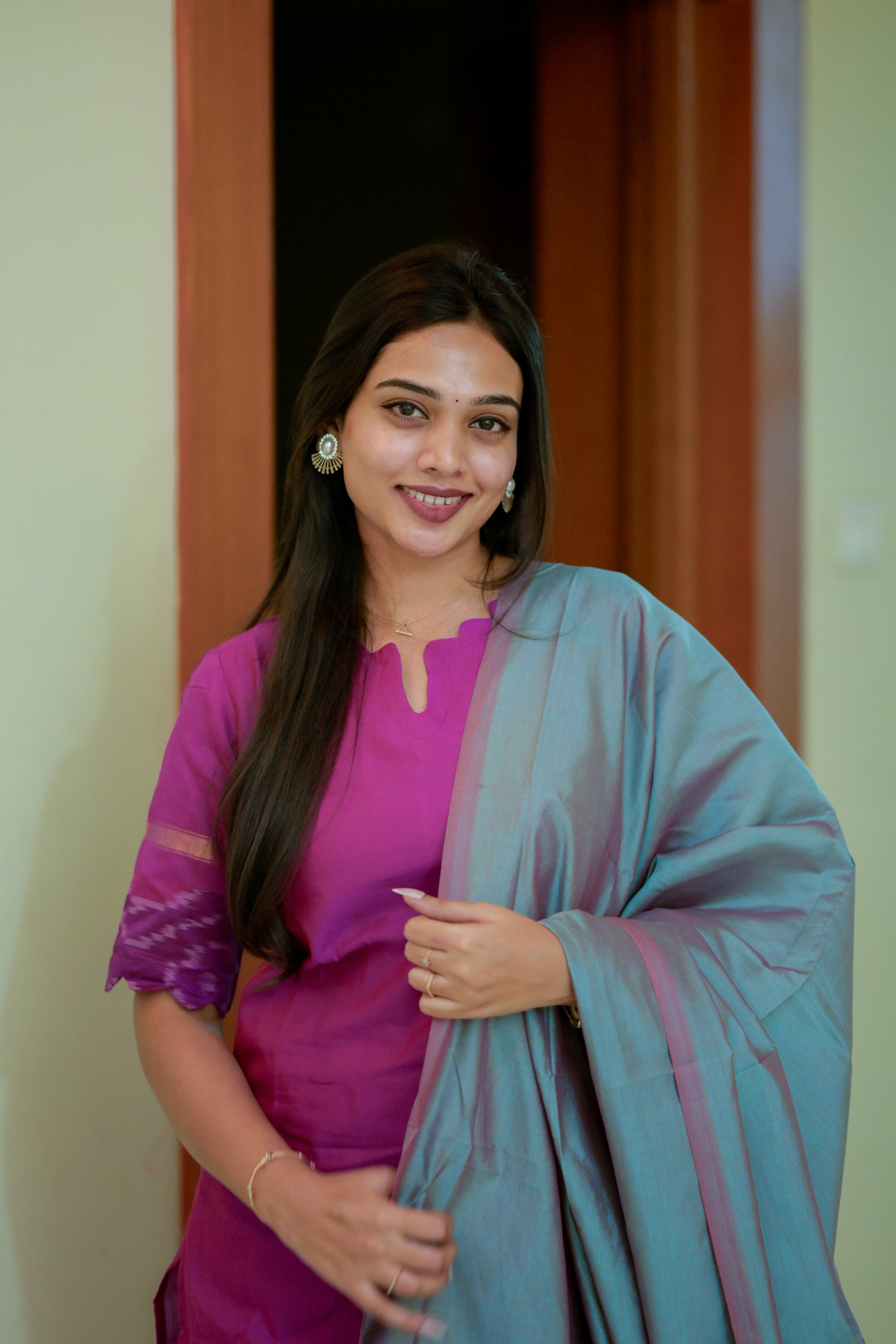 Jyotika ( magenta ) - handloom silk by cotton suit set in magenta & turquoise