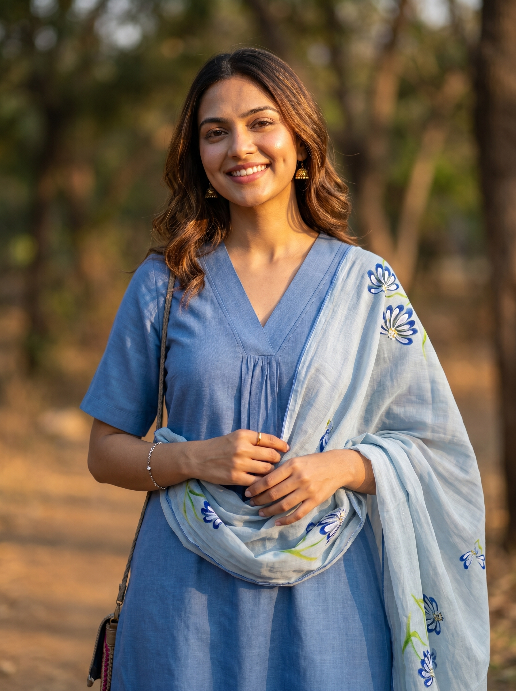 Kaira(denim blue) - tussar linen blend A line kurta set with pure mul cotton handpainted floral dupatta