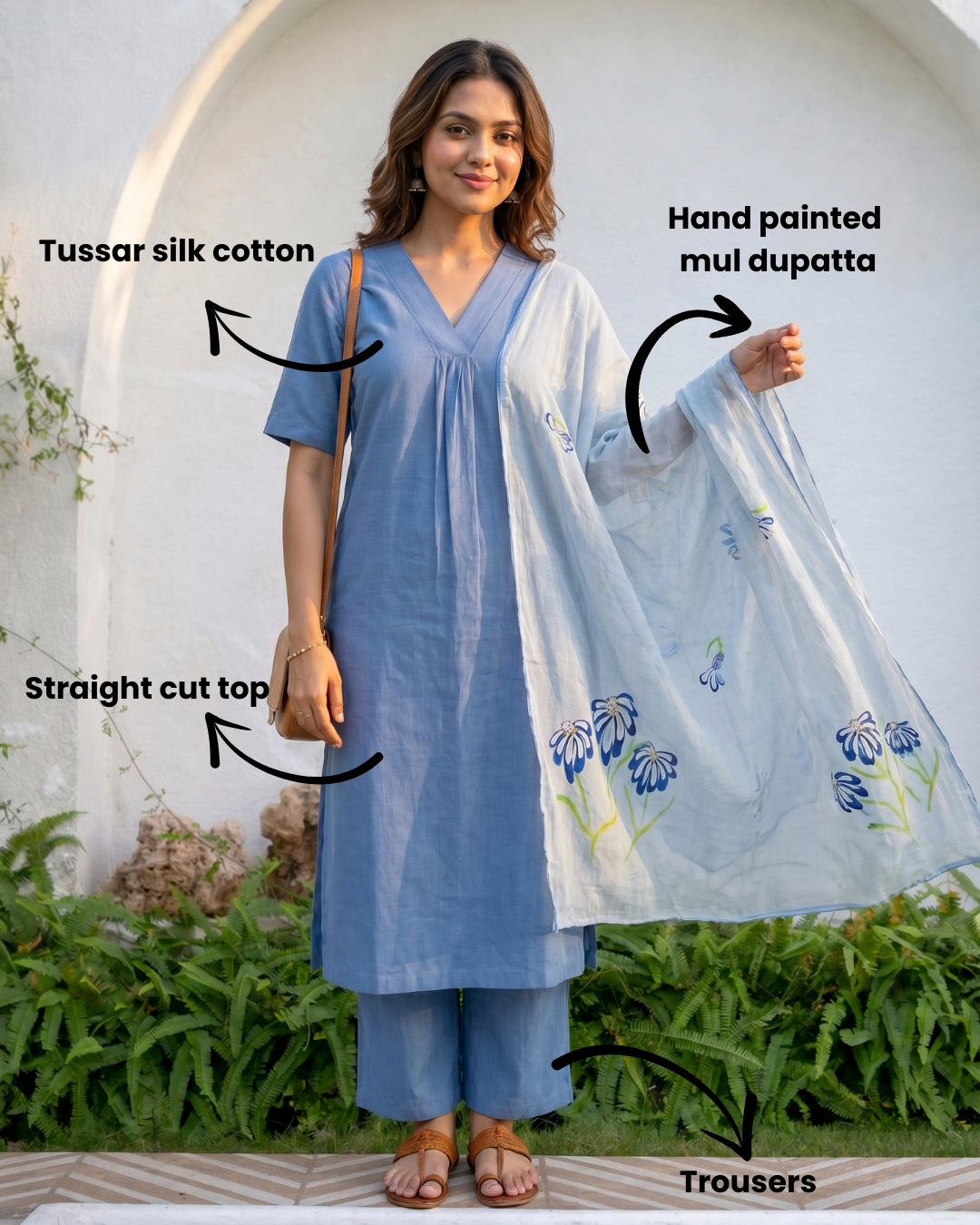 Kaira(denim blue) - tussar linen blend A line kurta set with pure mul cotton handpainted floral dupatta