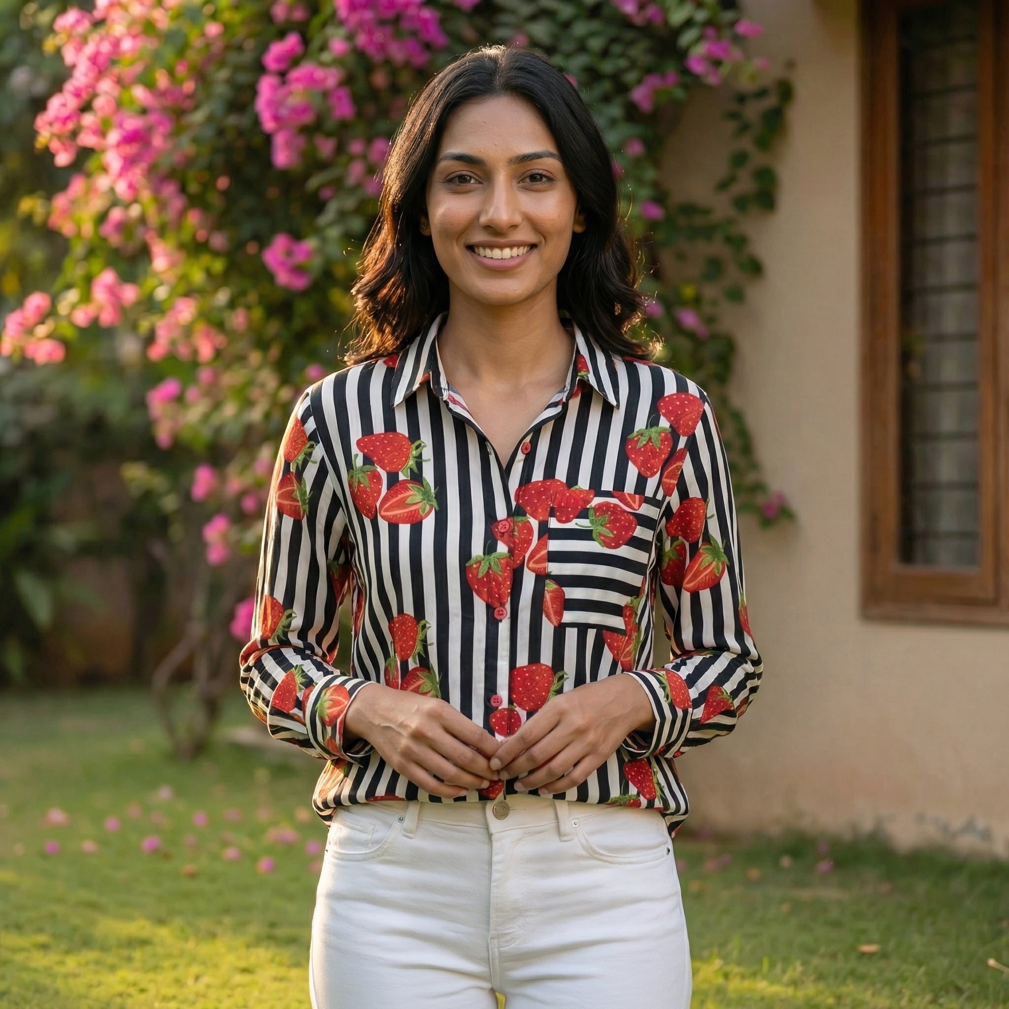 Women's shirt 38- Strawberry printed organic cotton shirt in black