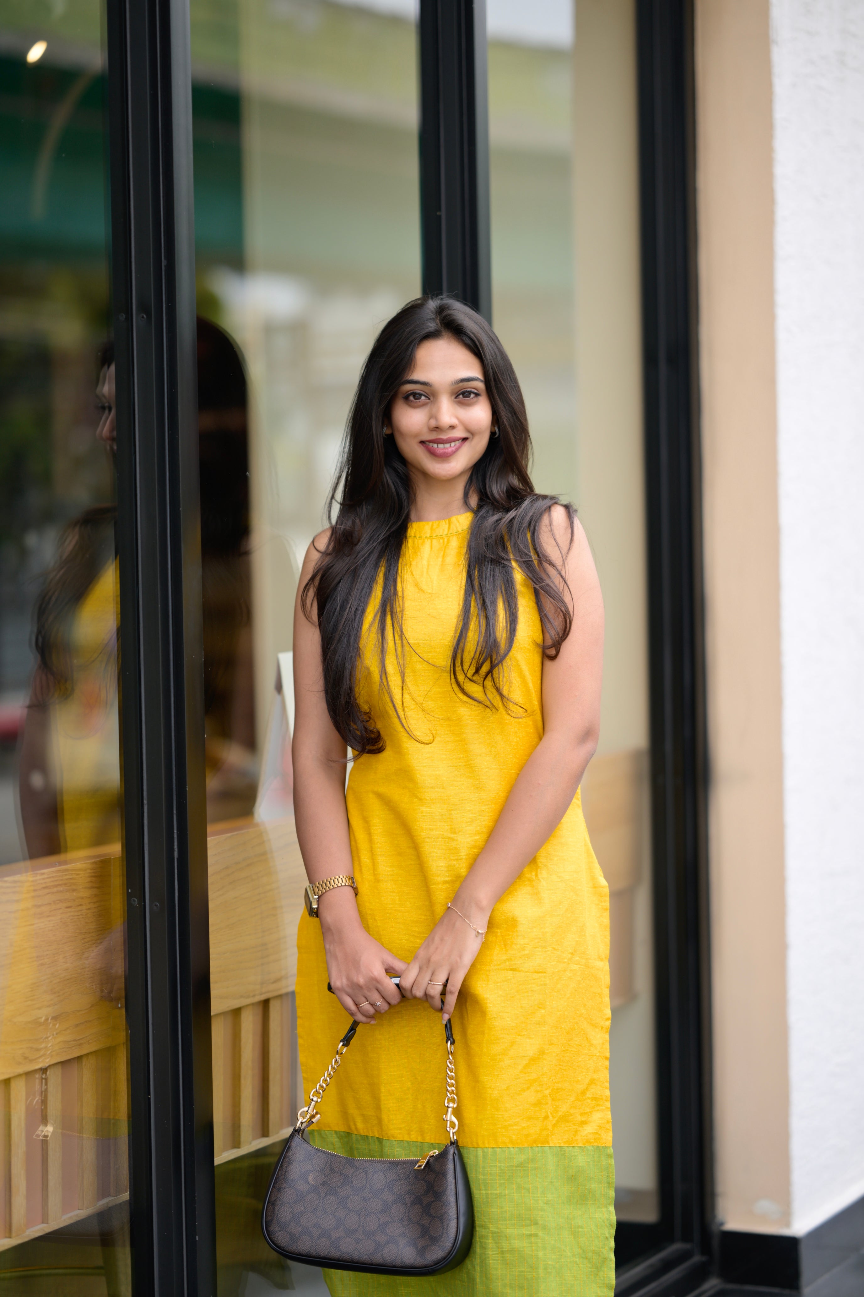 Amudini - handloom cotton halter neck coord set in yellow and green