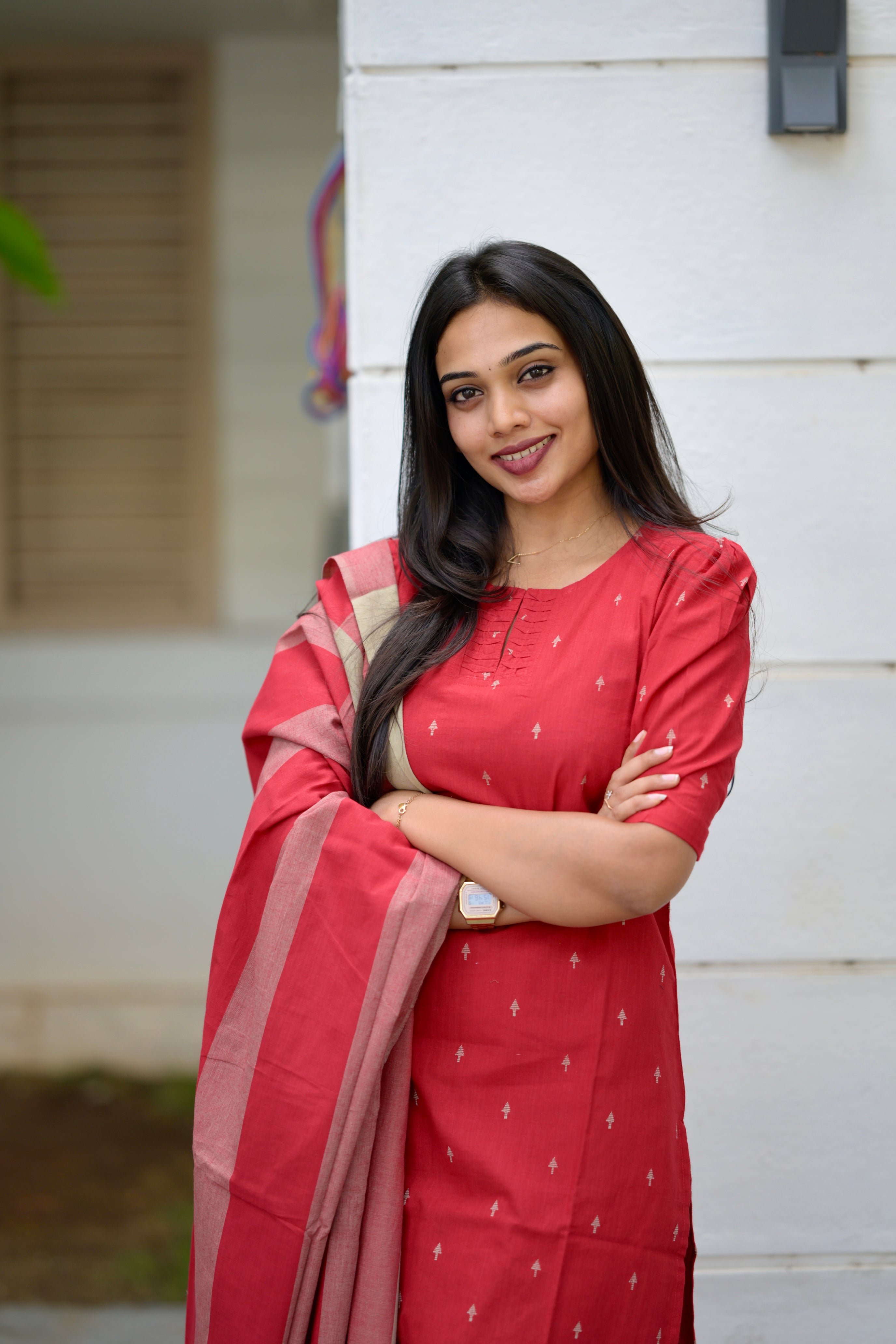 Radhya (red) - handloom cotton suit set in red