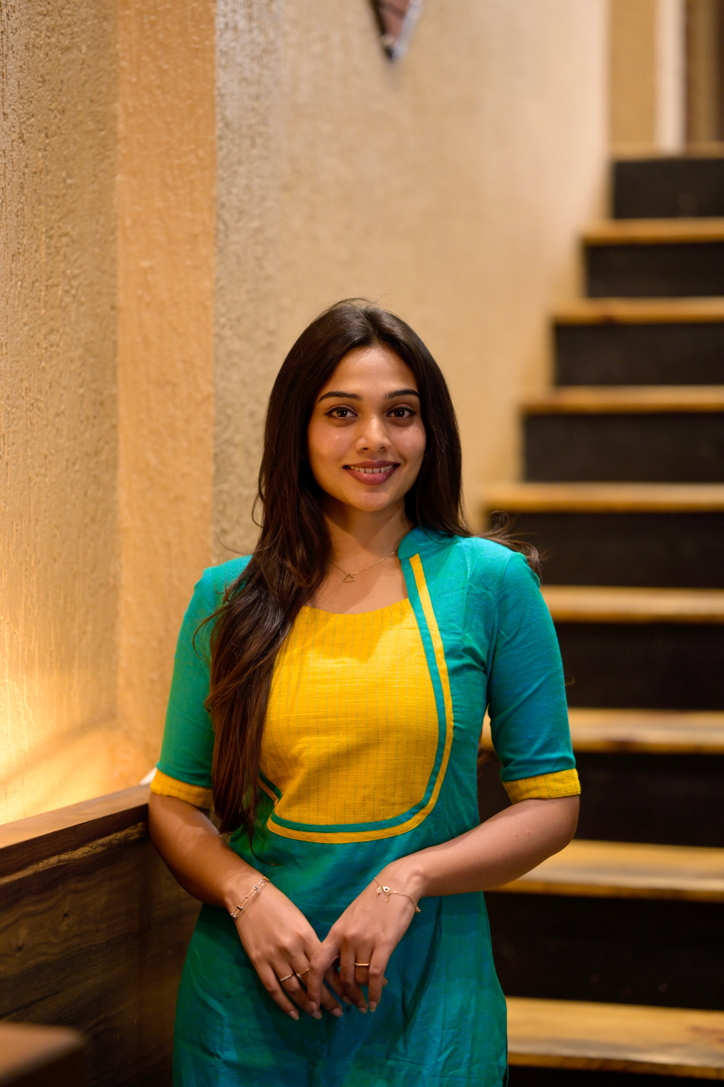 Sinamika ( blue ) - handloom cotton kurta set in blue and yellow