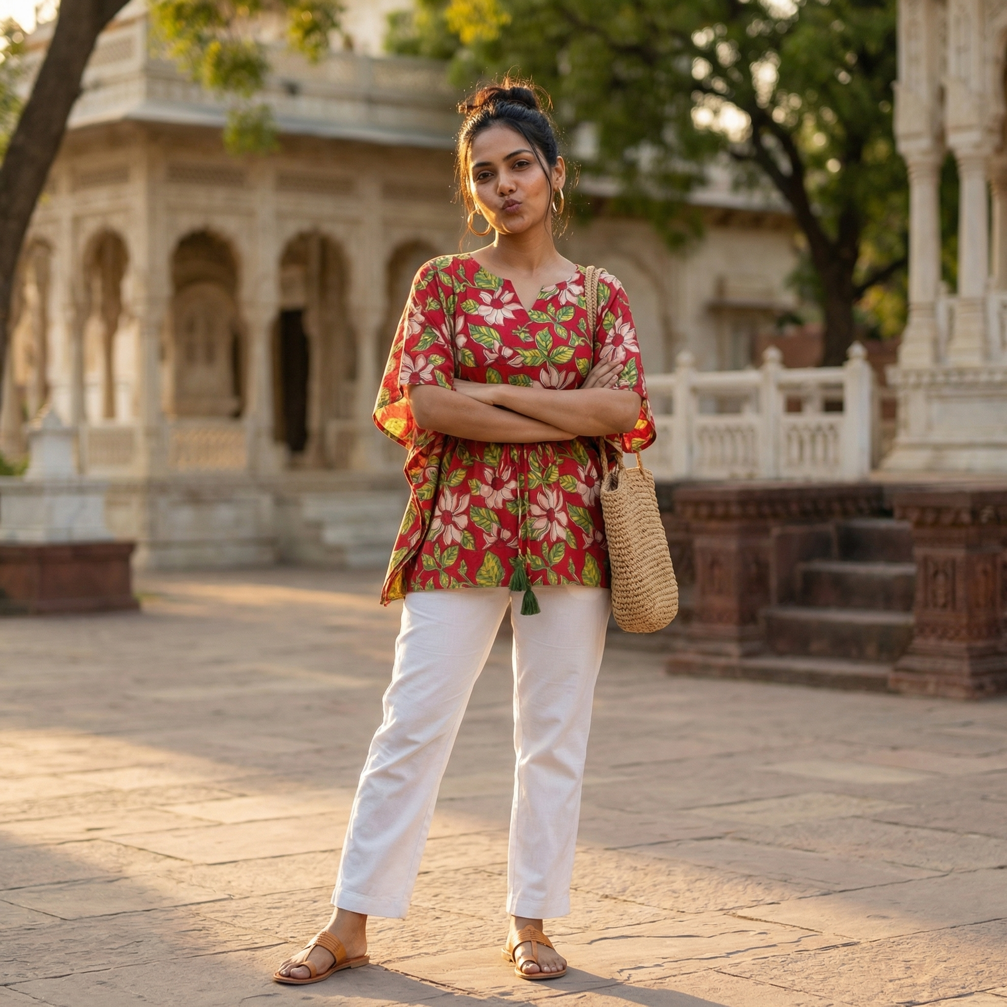 Kaftan Top #26- Floral printed organic cotton kaftan top in red