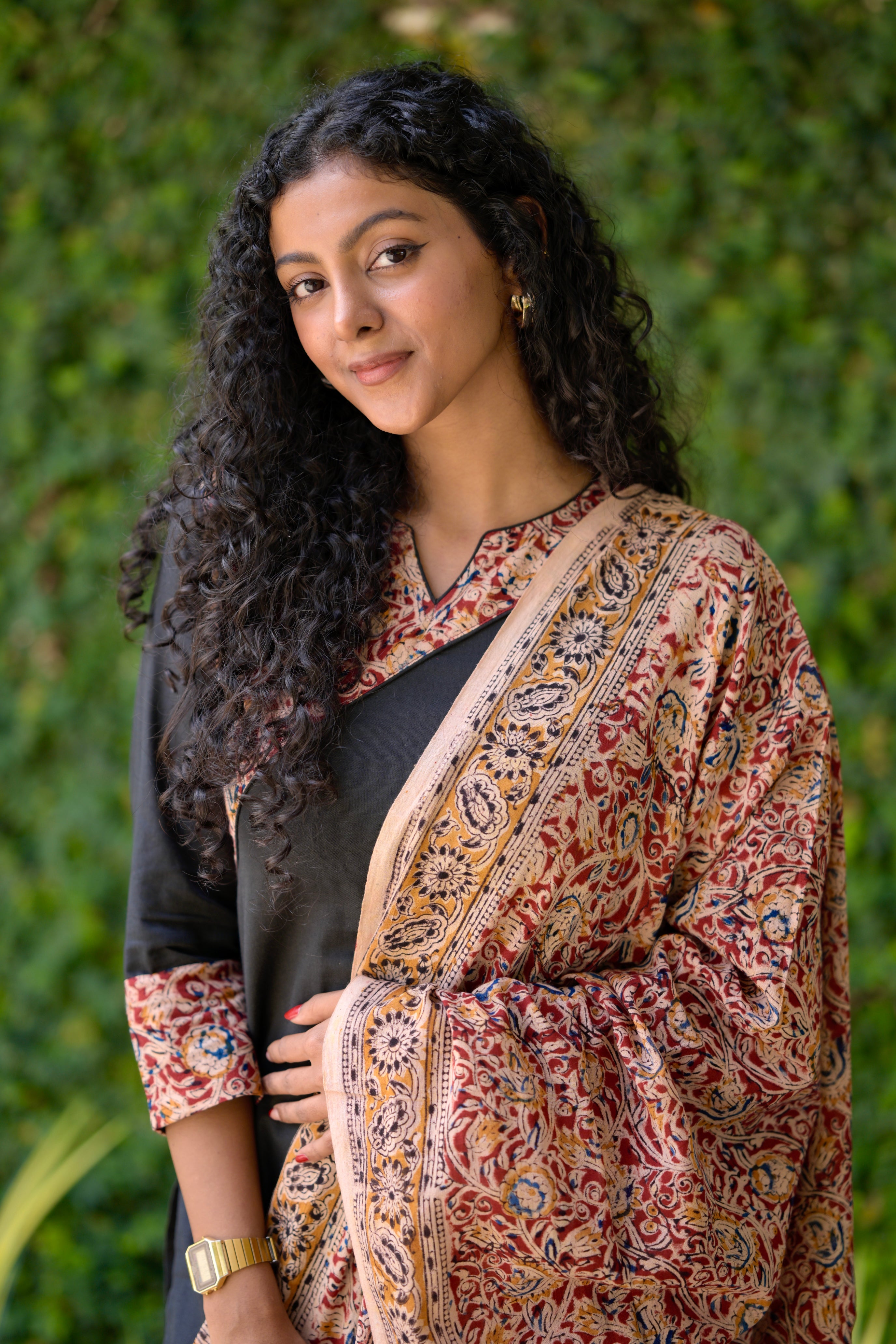 Disha ( black ) - handloom cotton kalamkari suit set in black colour