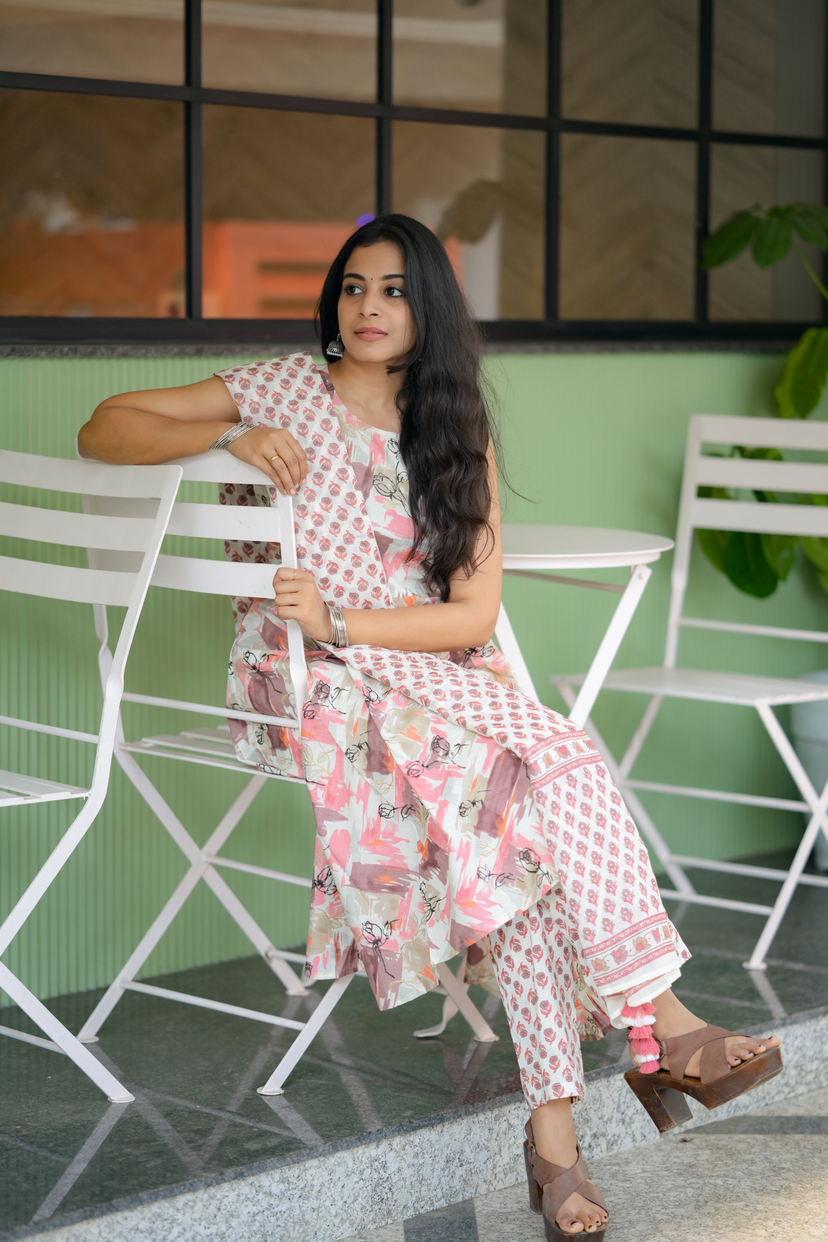 Tanishka - floral silhouette hand block printed organic suit set in white and pink