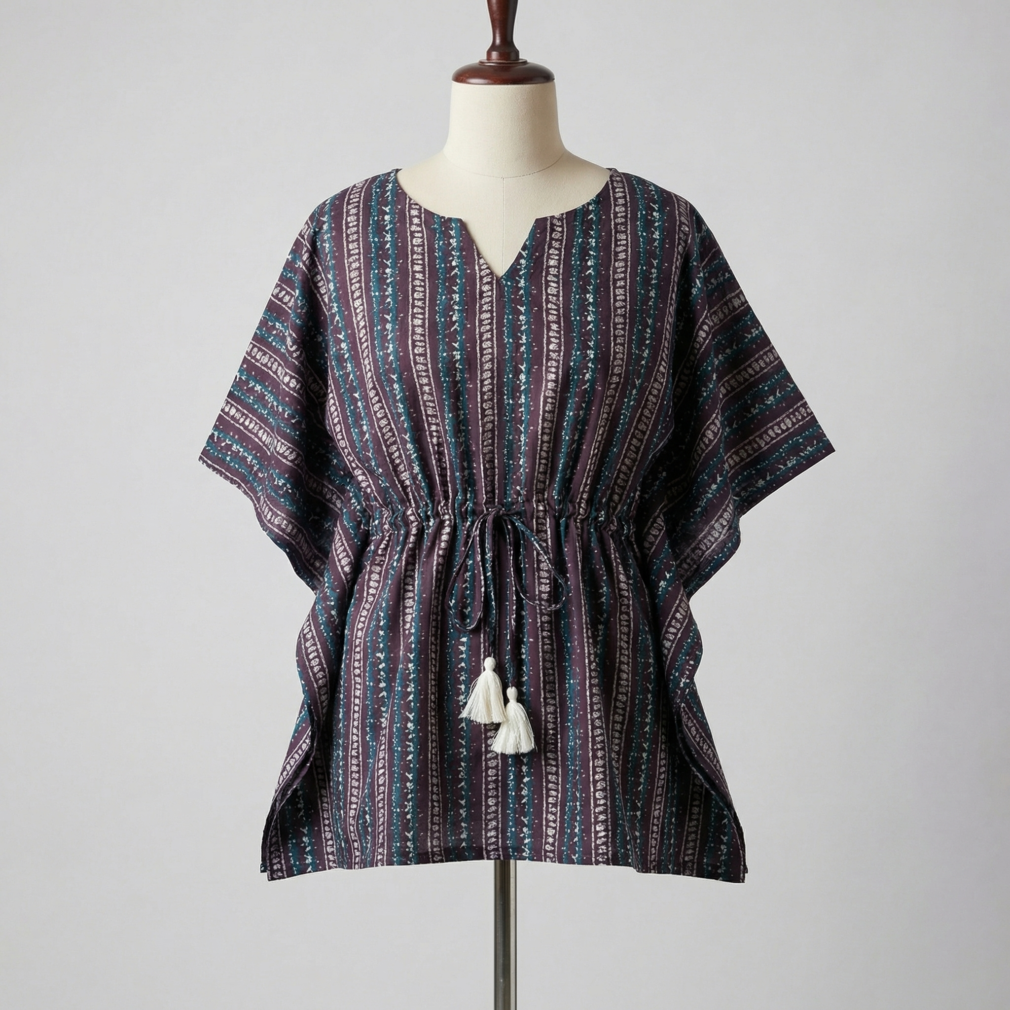 Kaftan Top #8- stripes printed organic cotton kaftan top in shades of blue
