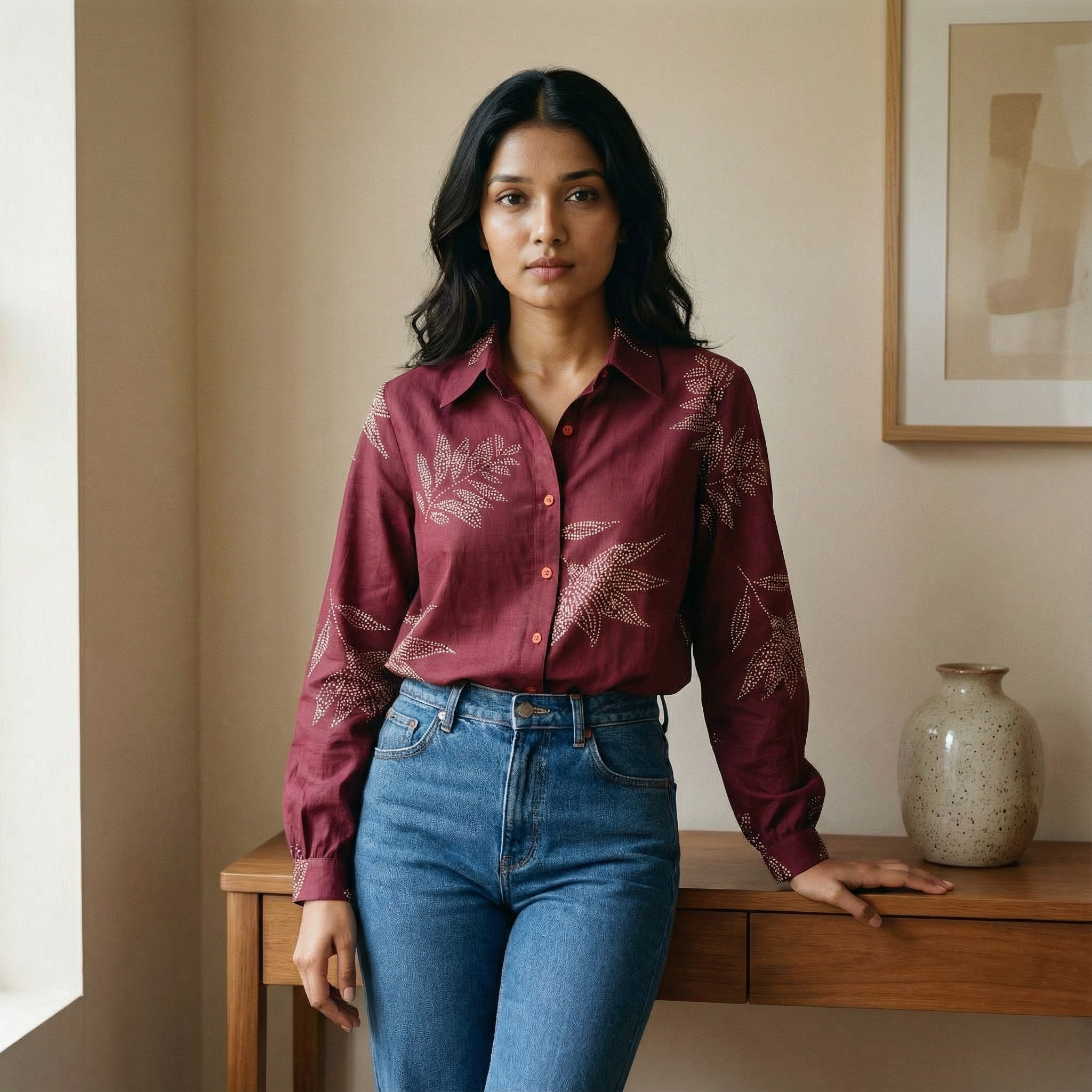 Women's shirt 17- Floral printed organic cotton shirt in maroon