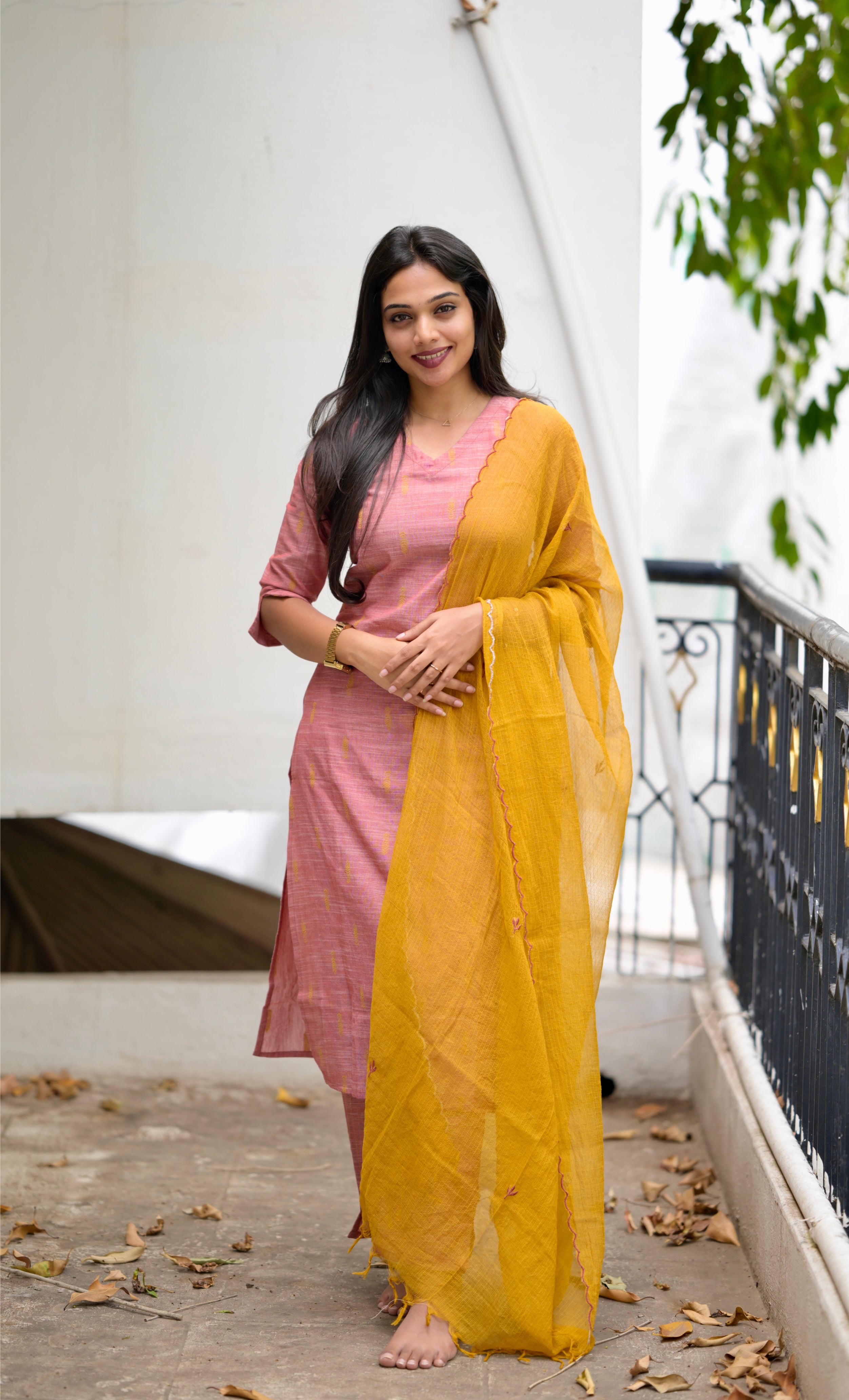 Shrutuja - linen handloom cotton kurta set with kota hand embroidered duapatta