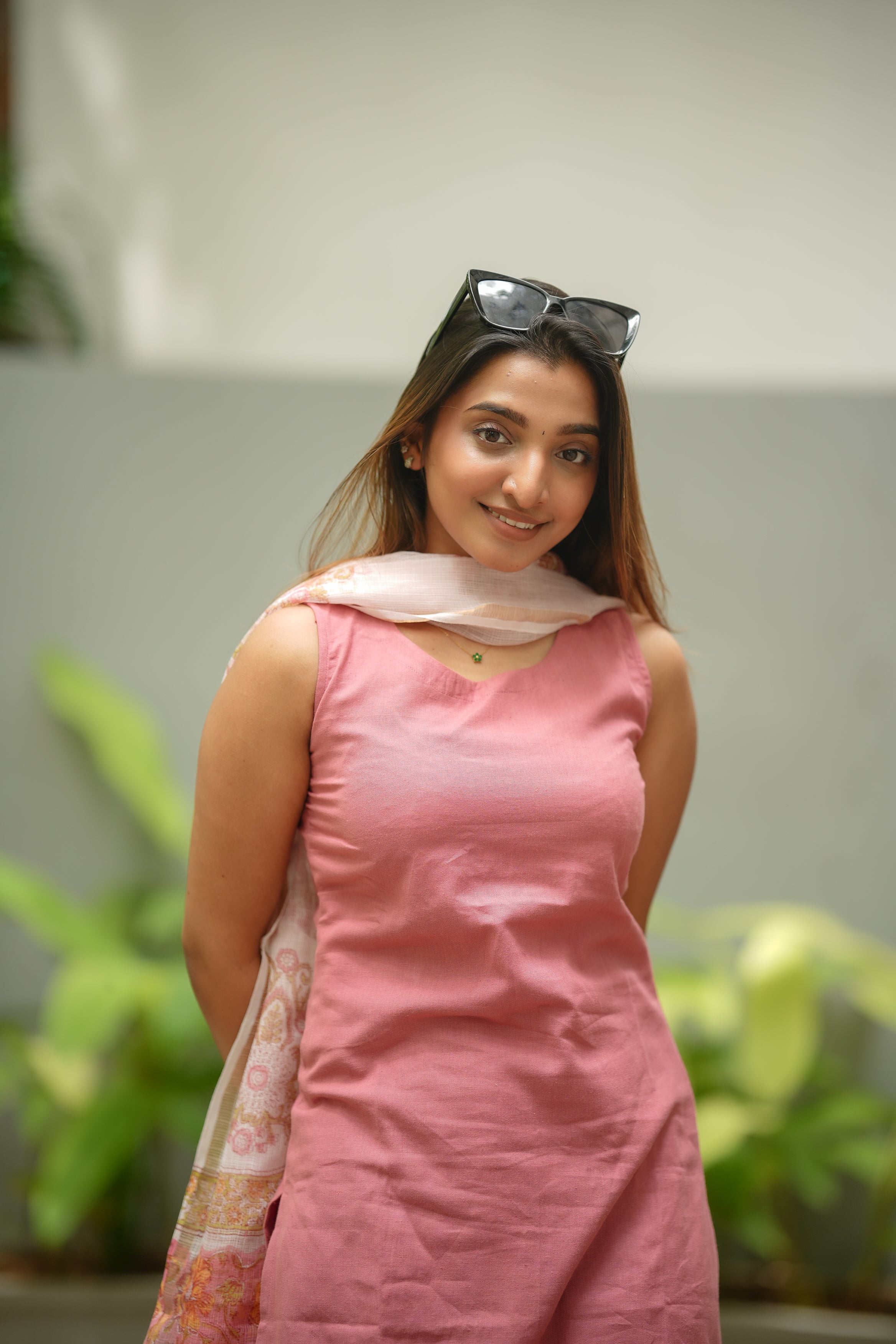 Jessie - linen cotton flex kurta set in dusty pink with mughal hand block printed kota doria dupatta