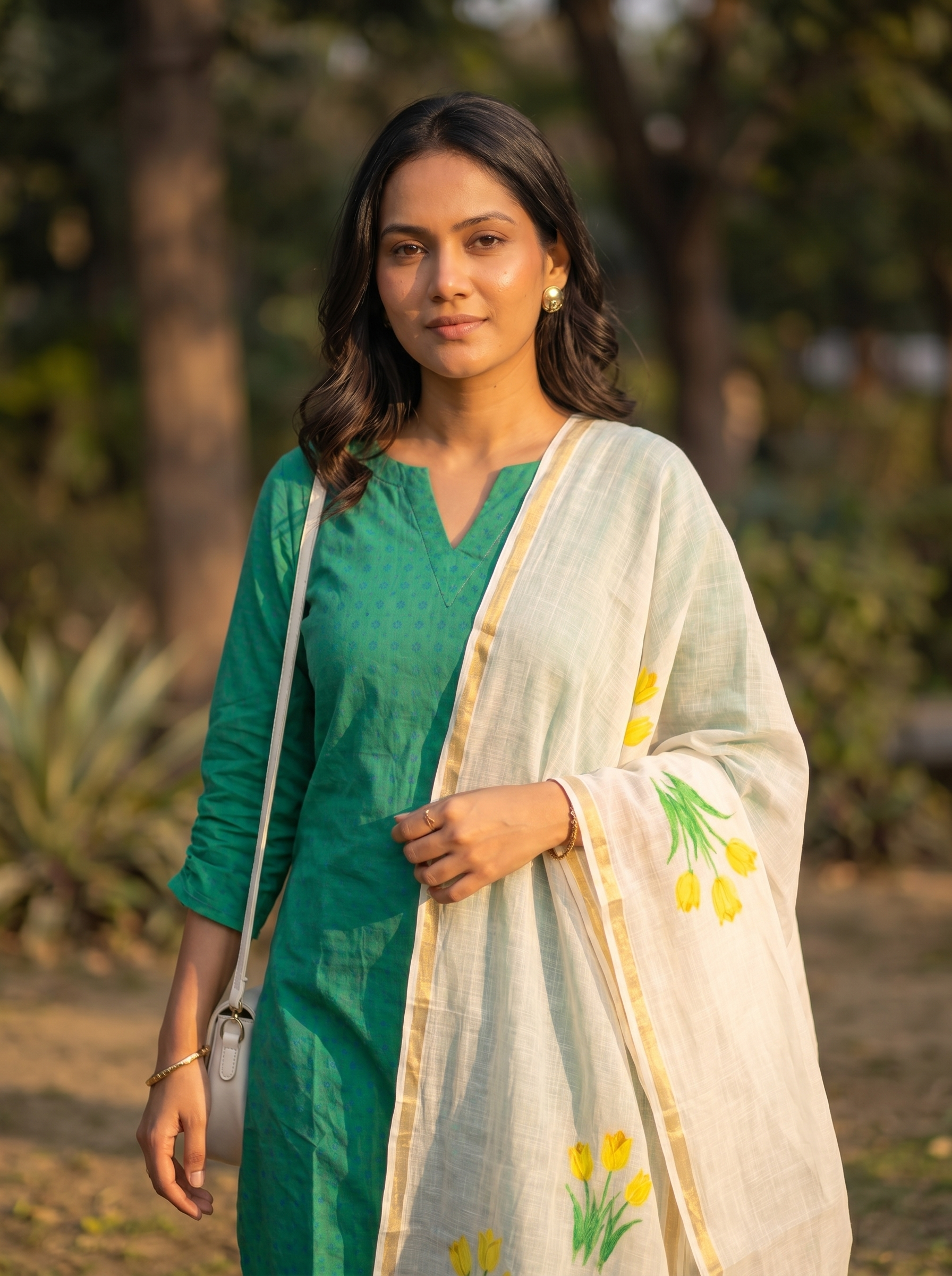 Kaira(green) - pure handloom cotton suit with kota zari dupatta which has handpainted tulips