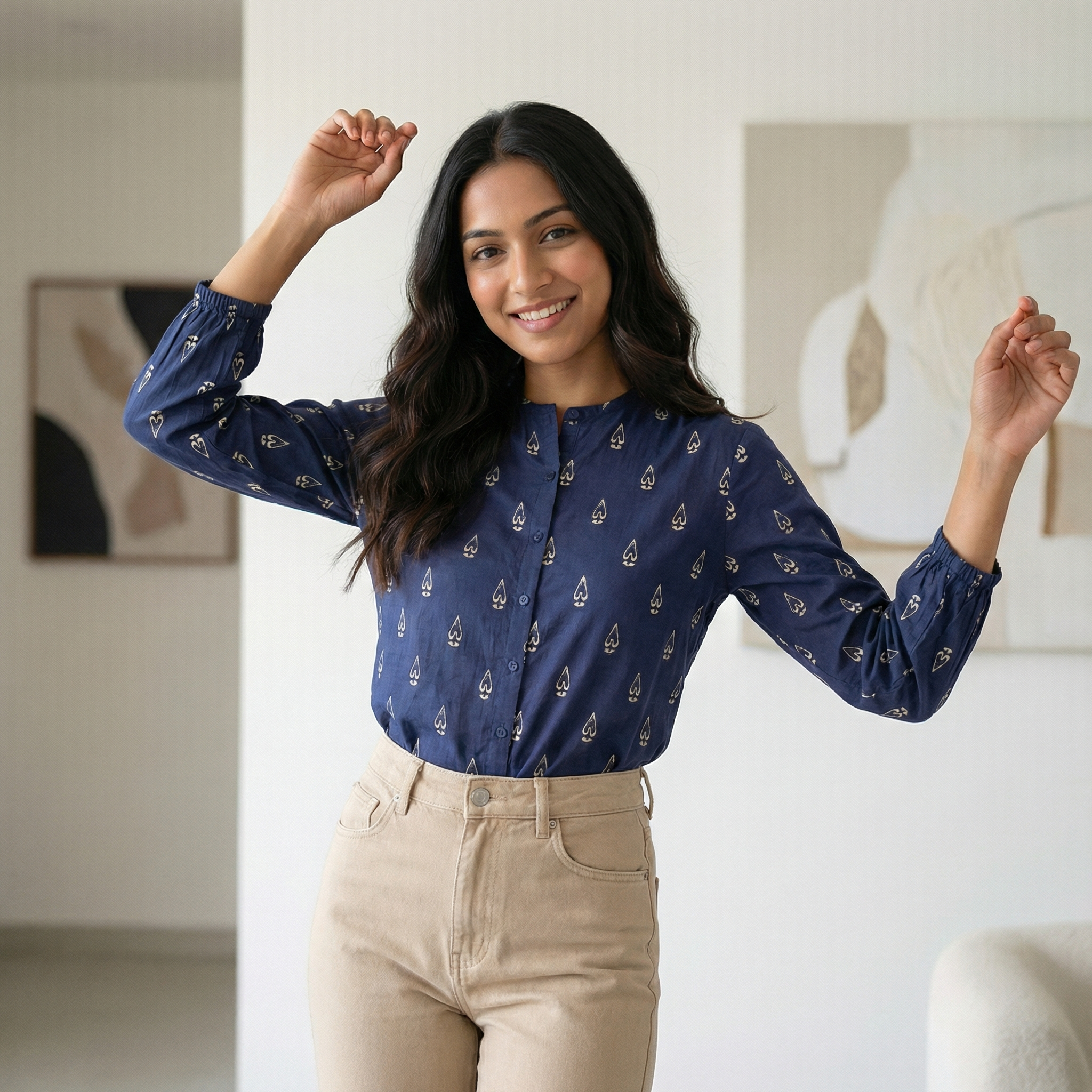 Women's shirt 26- leaf printed organic cotton shirt in blue