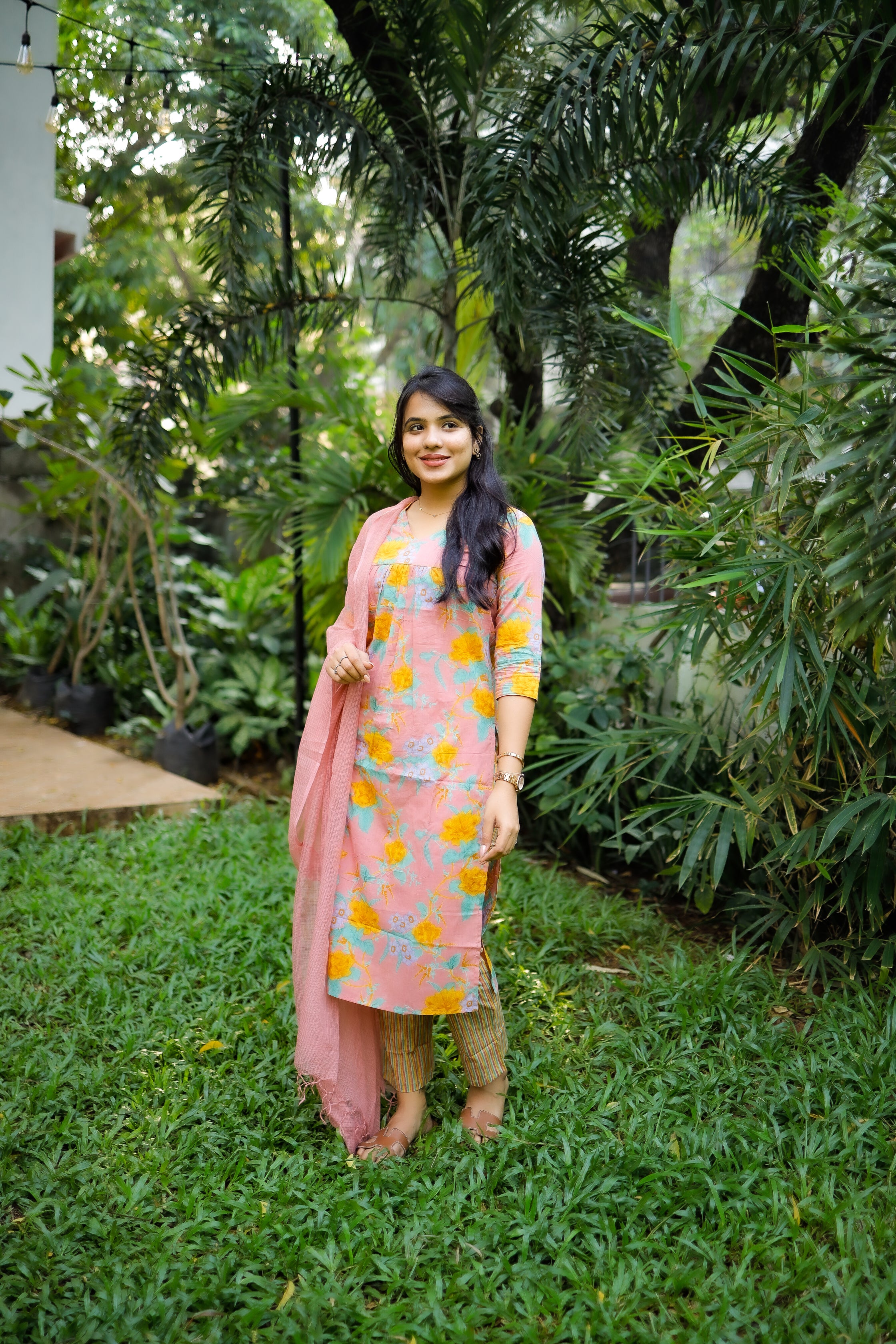 Prijitha - floral hand block printed cotton suit set with kota doria dupatta in pink colour