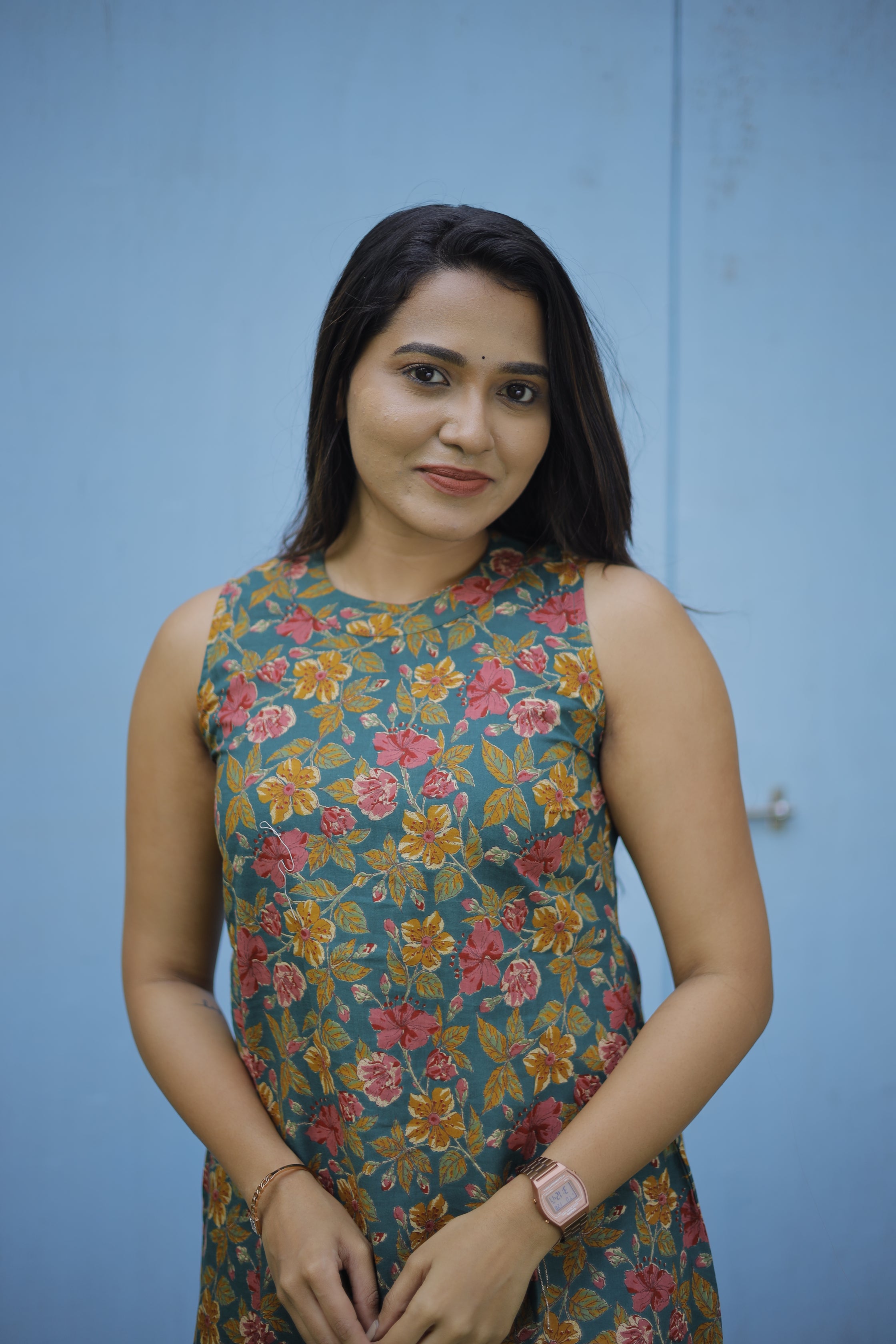 Kurti - 109 - multi colour floral hand block printed cotton kurti
