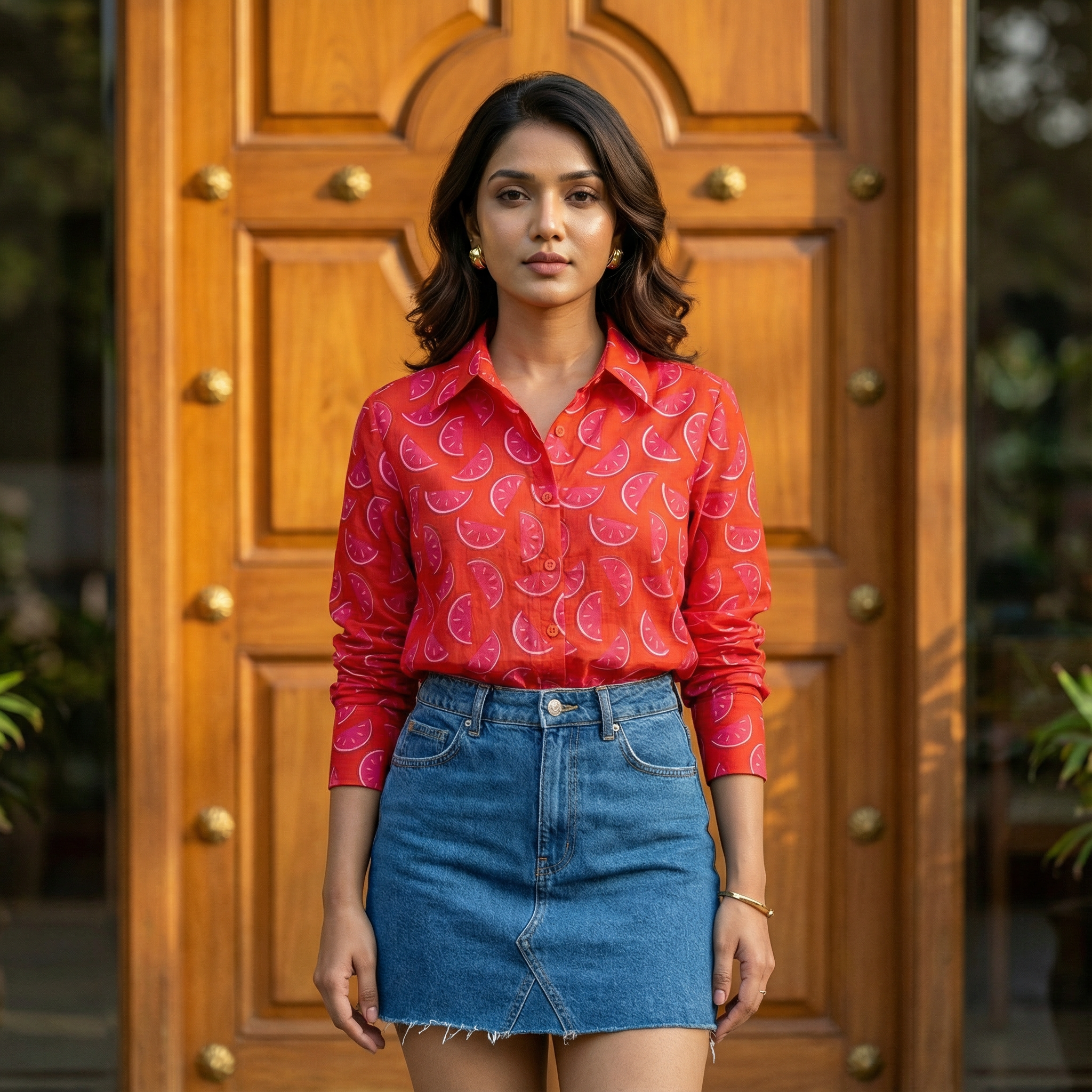 Women's shirt 12-watermelon printed organic cotton shirt in red