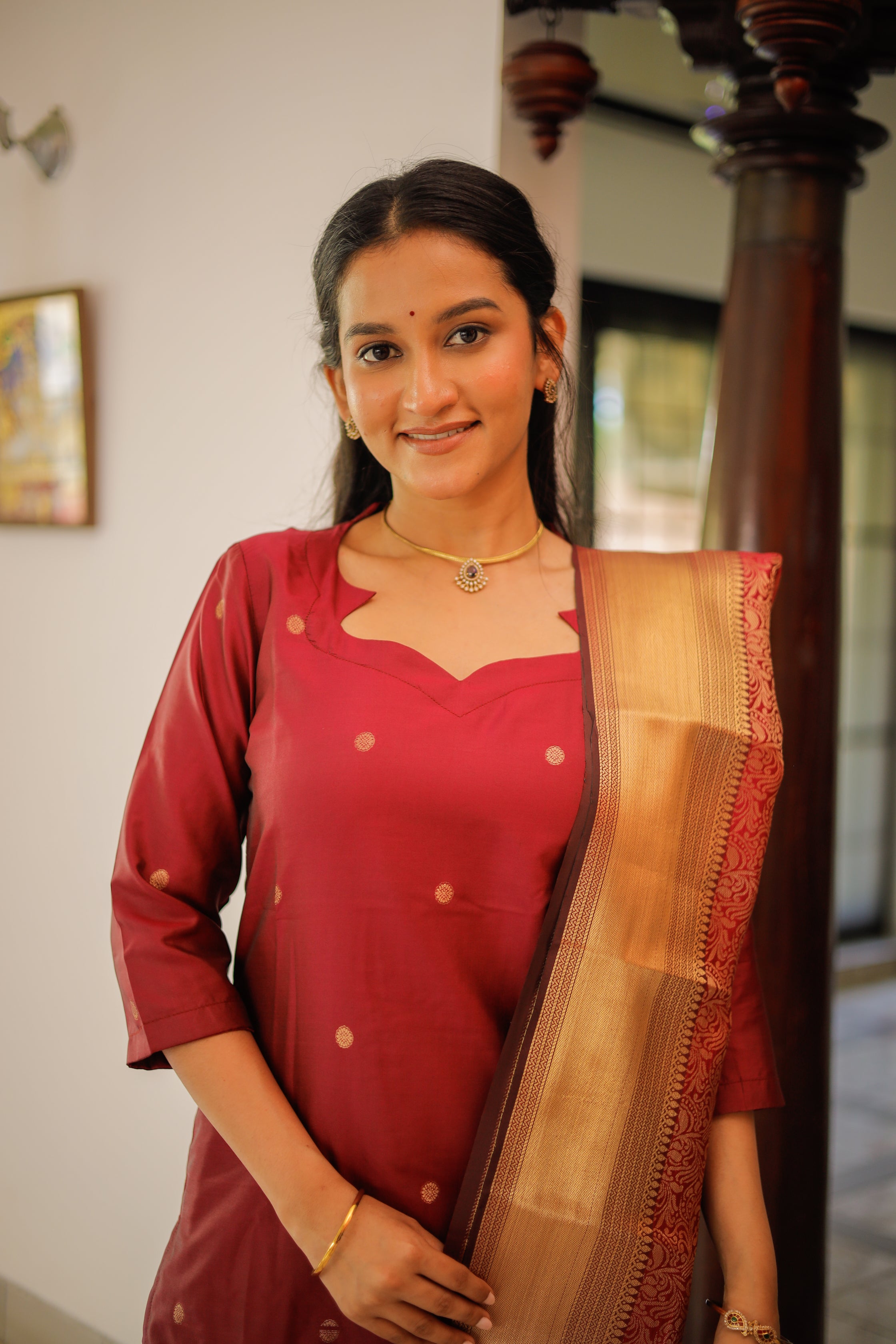 Ilavarasi (magenta) - gold zari vegan silk suit set in magenta