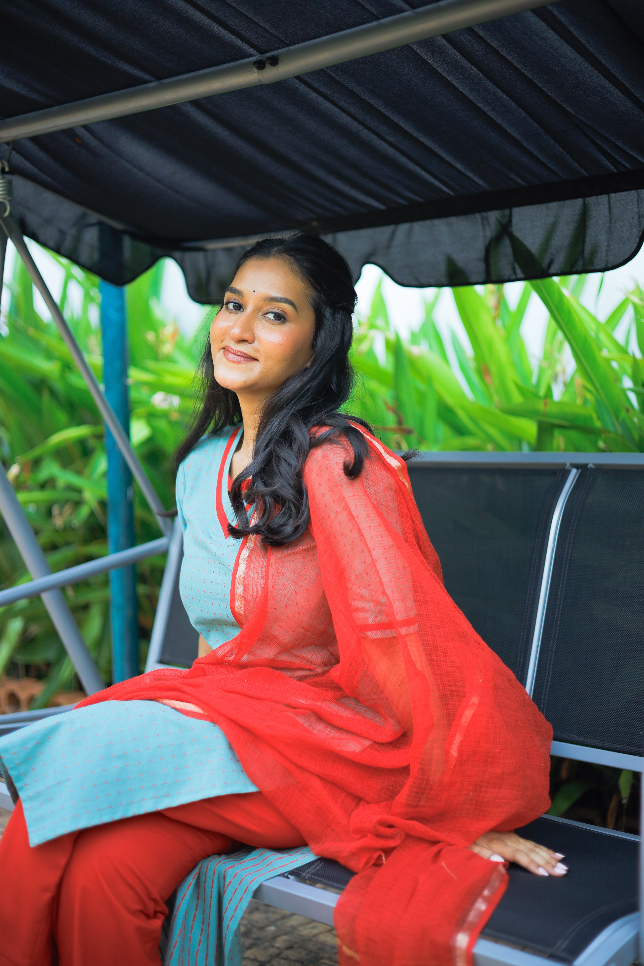Simran (mint green) - handloom cotton suit set in mint green and red