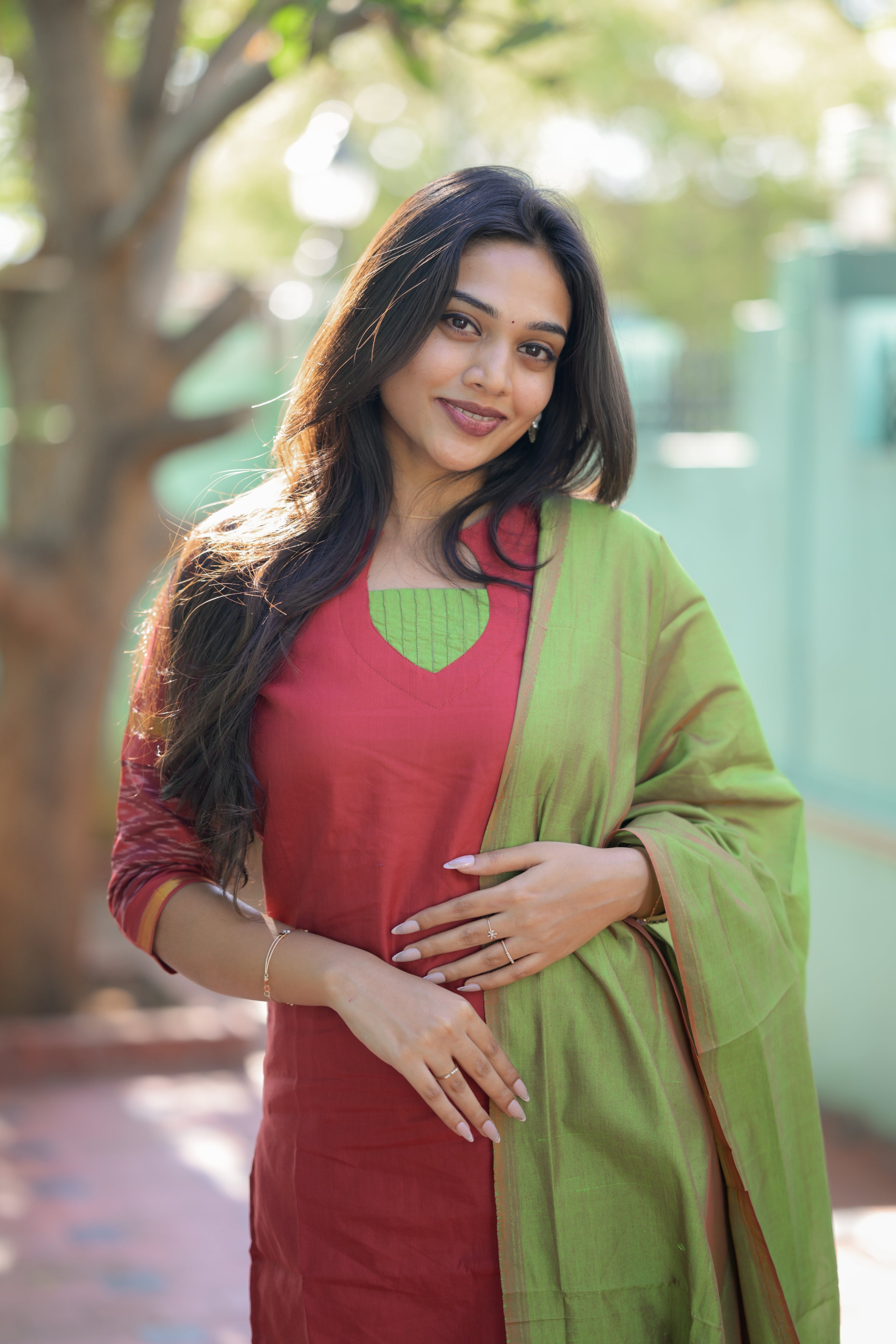 Jyotika ( red ) - handloom silk by cotton suit set in red & green