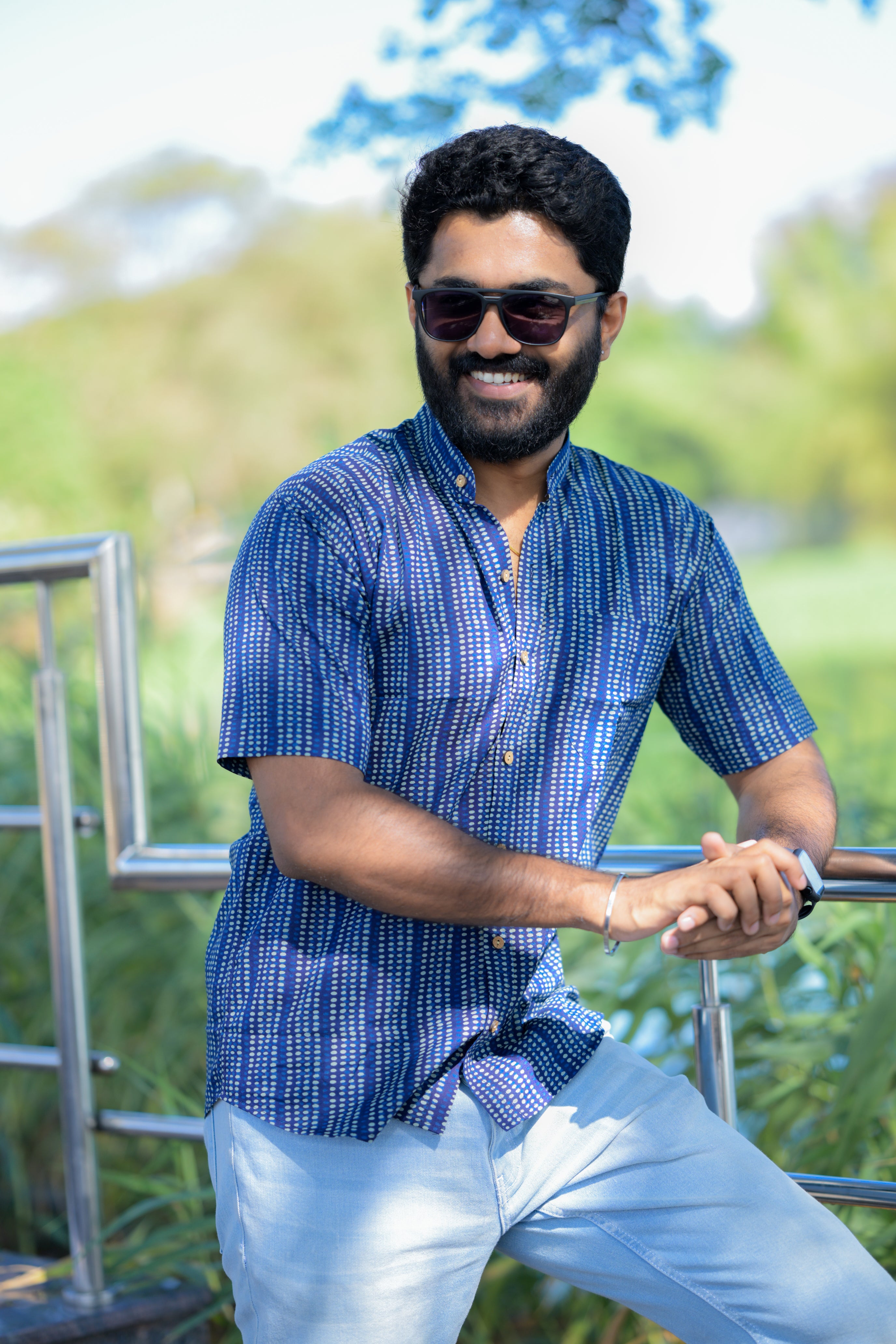 Shirt -22 - abstract handblock printed orangic cotton shirt in blue and white