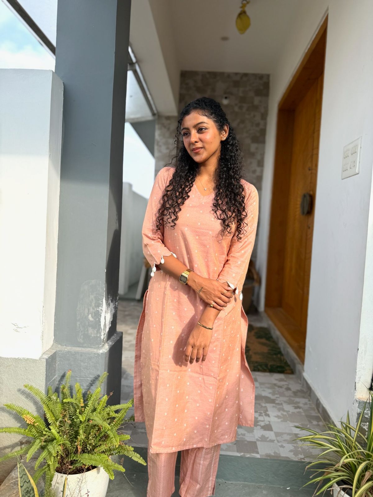 Dipshika - linen cotton flex kurta set in peach colour