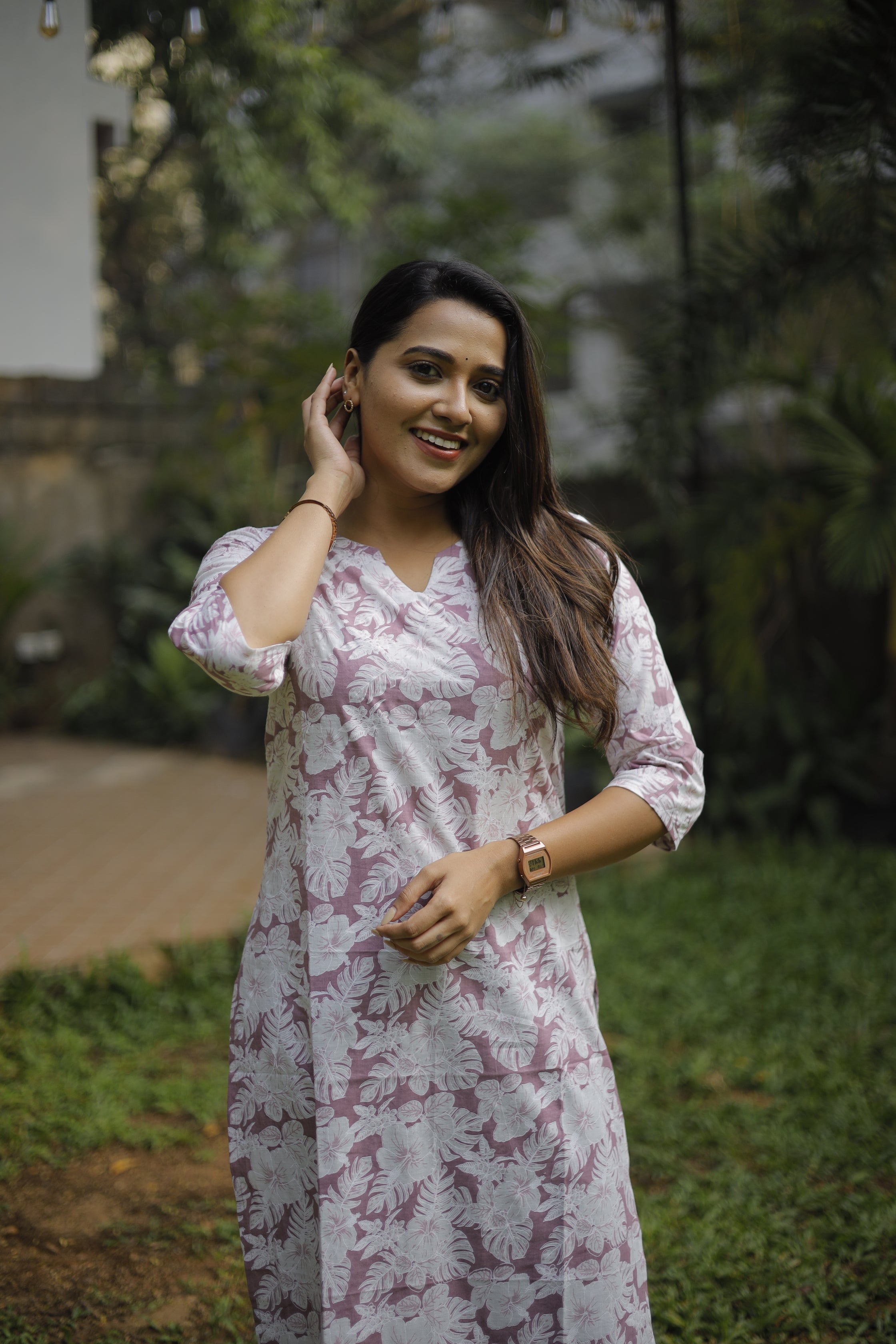 Kurti - 107 -  Foral leaf printed cotton kurti in purple and white