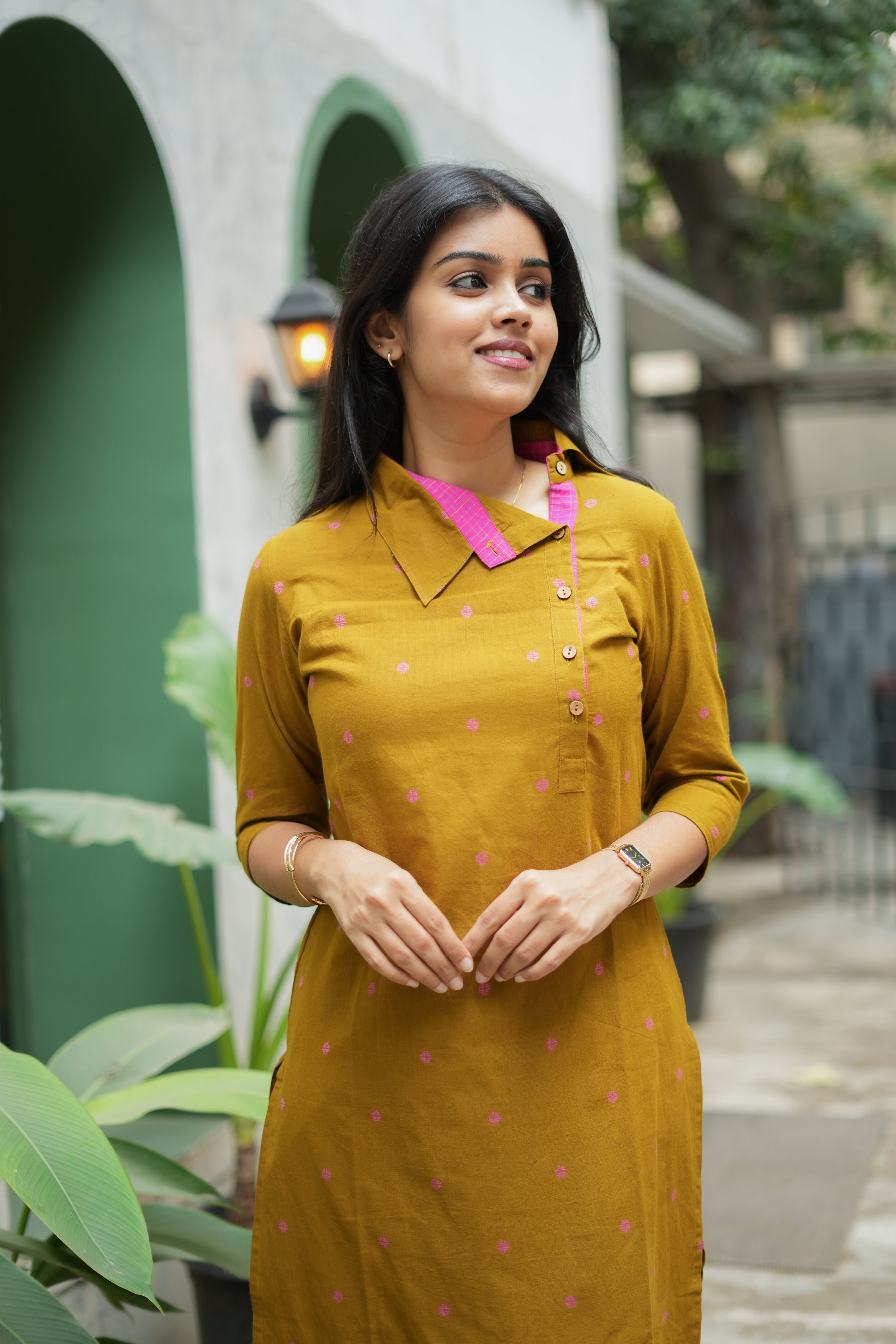 Saindhavi - handloom cotton kurta set in mustard yellow and pink