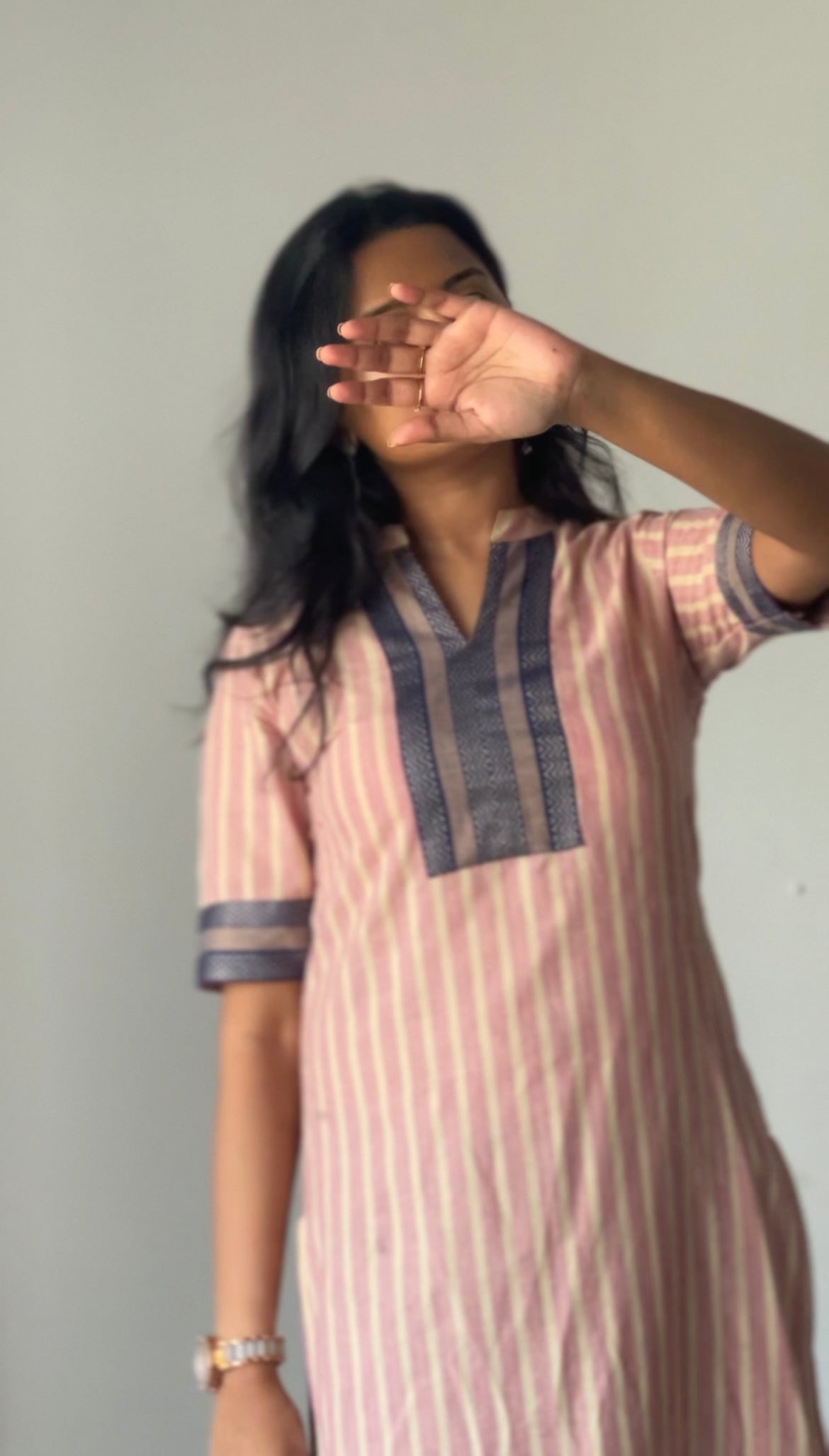 Nayanthara #12-handloom cotton kurti in pink and navy blue