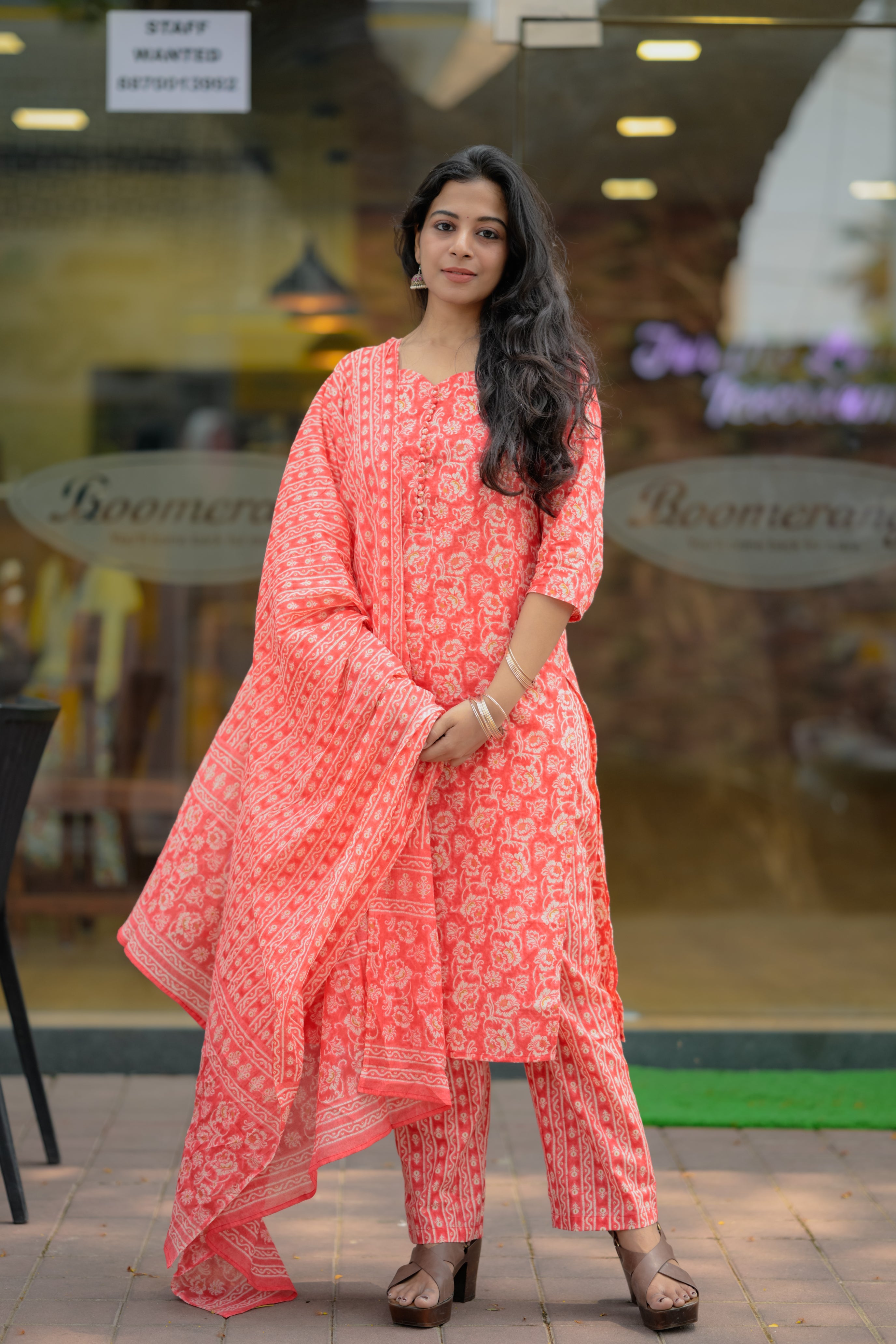 Narmatha- jaal handblock printed anarkali cotton suit set in peach colour