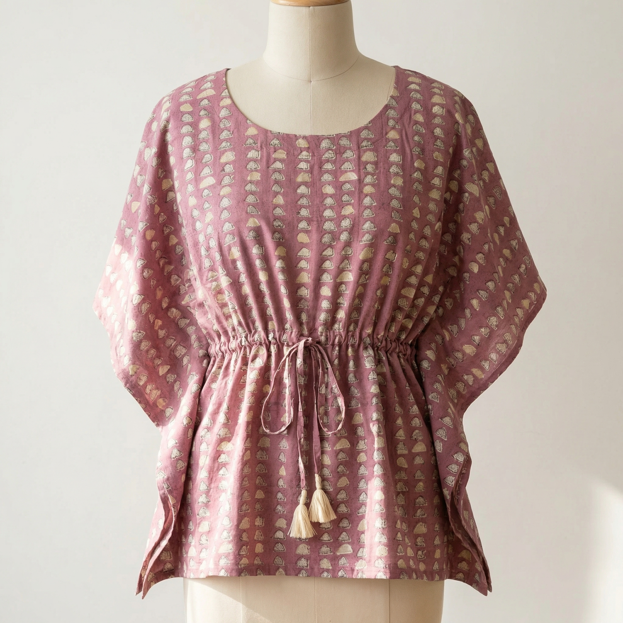 Kaftan Top #10- Leaf motif printed organic cotton kaftan top in mauve