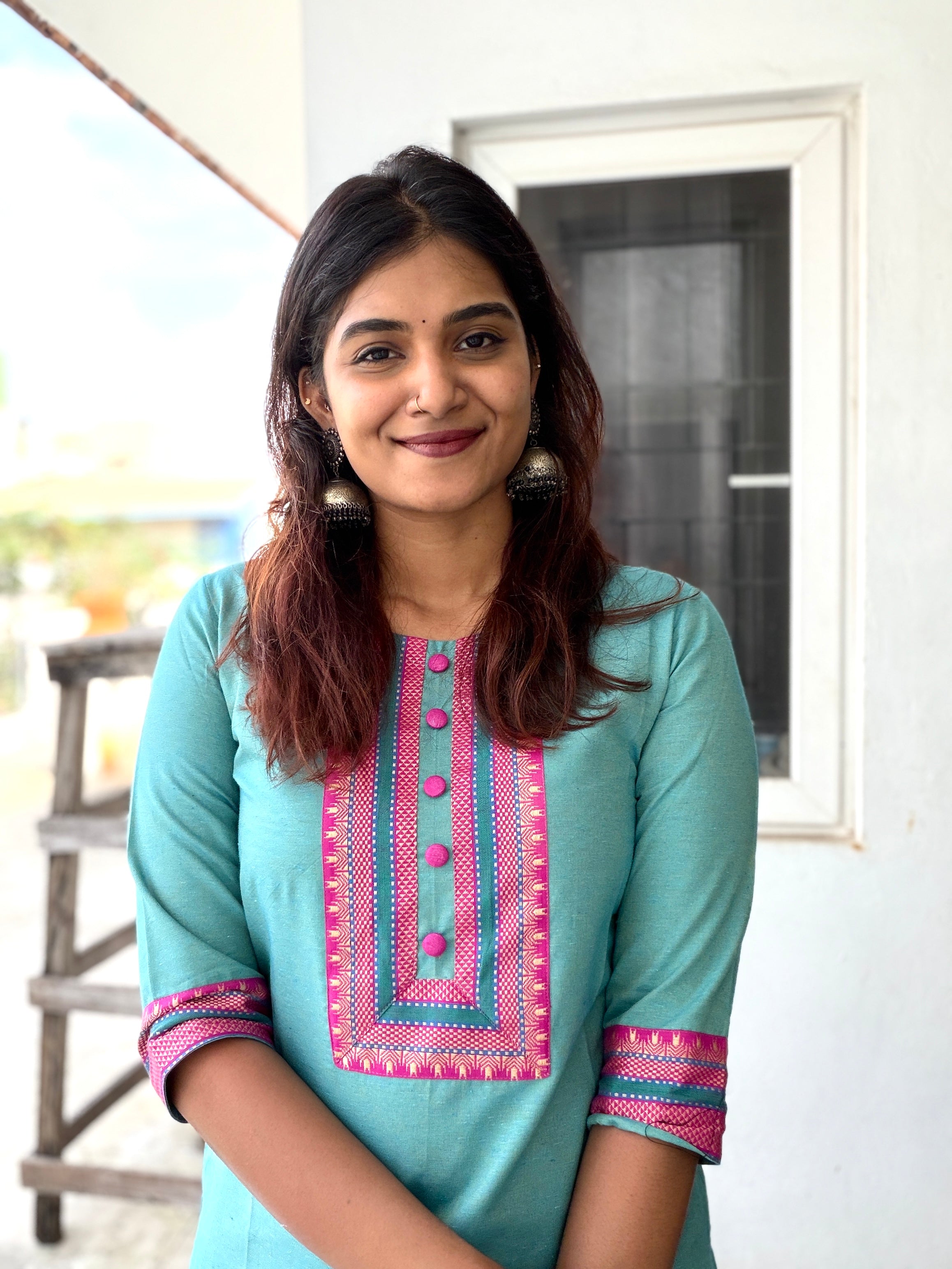 Nayanthara #23-handloom cotton kurti in turquoise blue