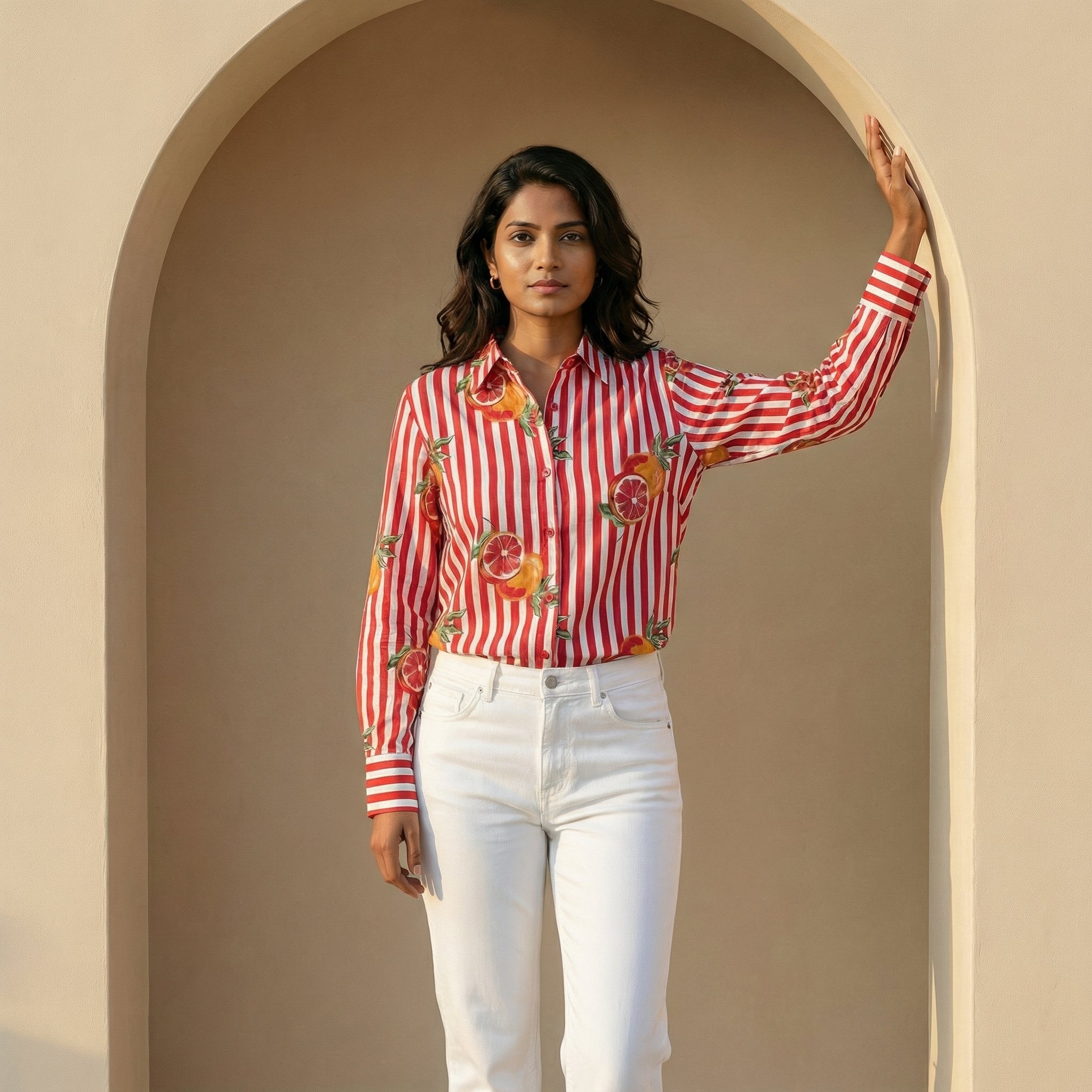 Women's shirt 29- Citrus zest printed organic cotton shirt in red and white