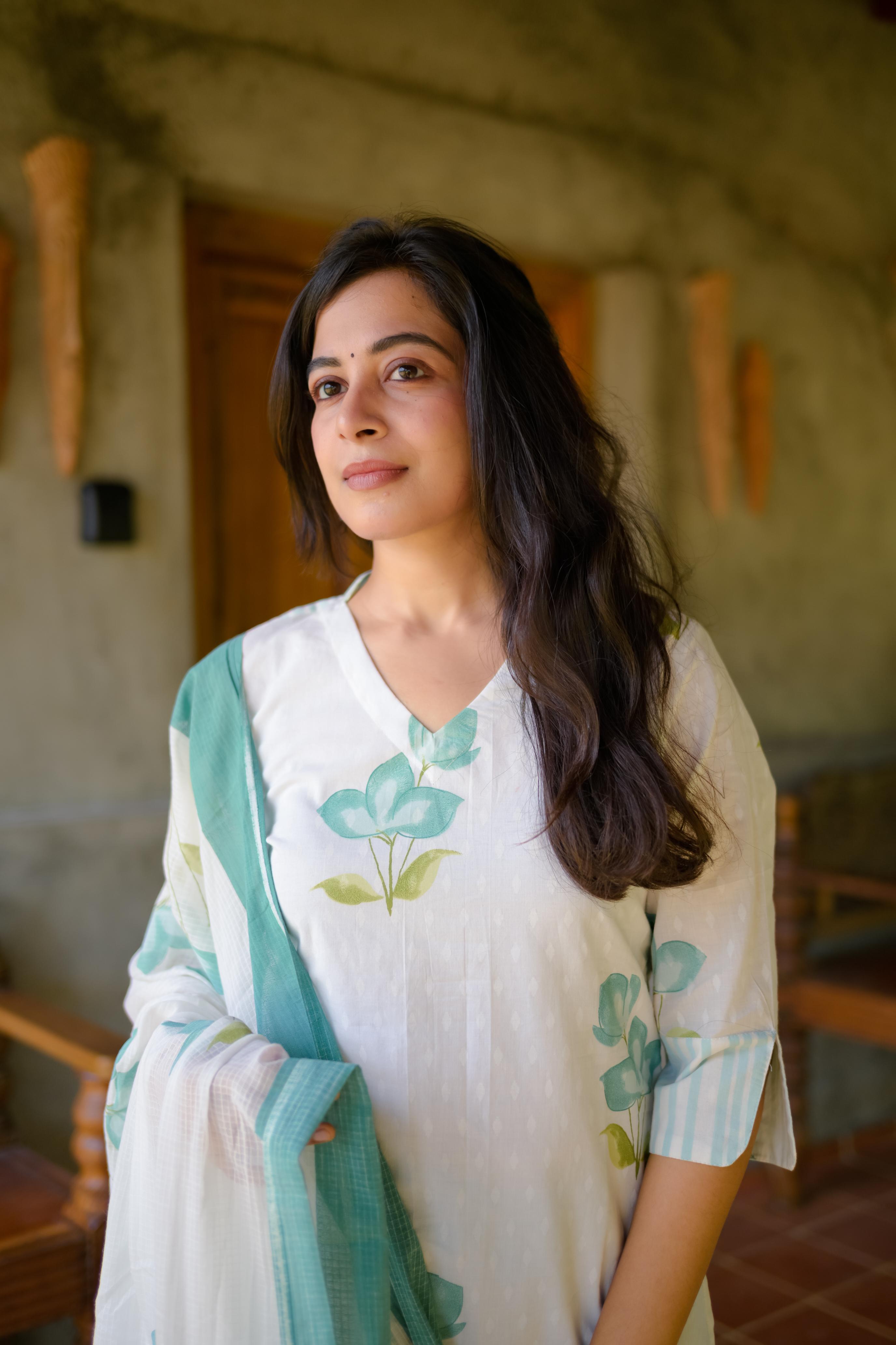 Kural (blue)- Floral handblock printed suit set in blue