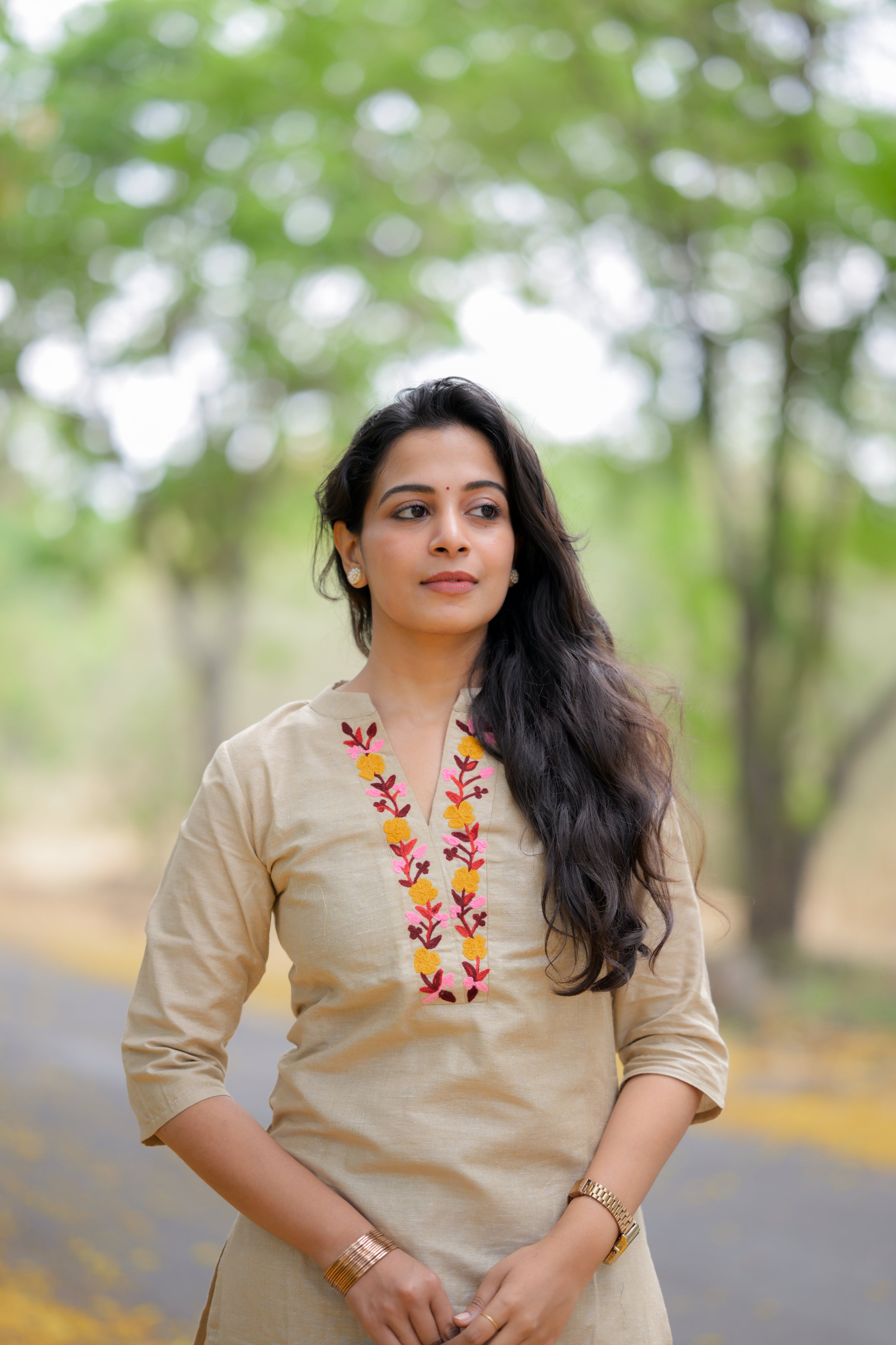 Kadhambari (biscoff) - khadi linen kurta set in biscoff colour with embroidery
