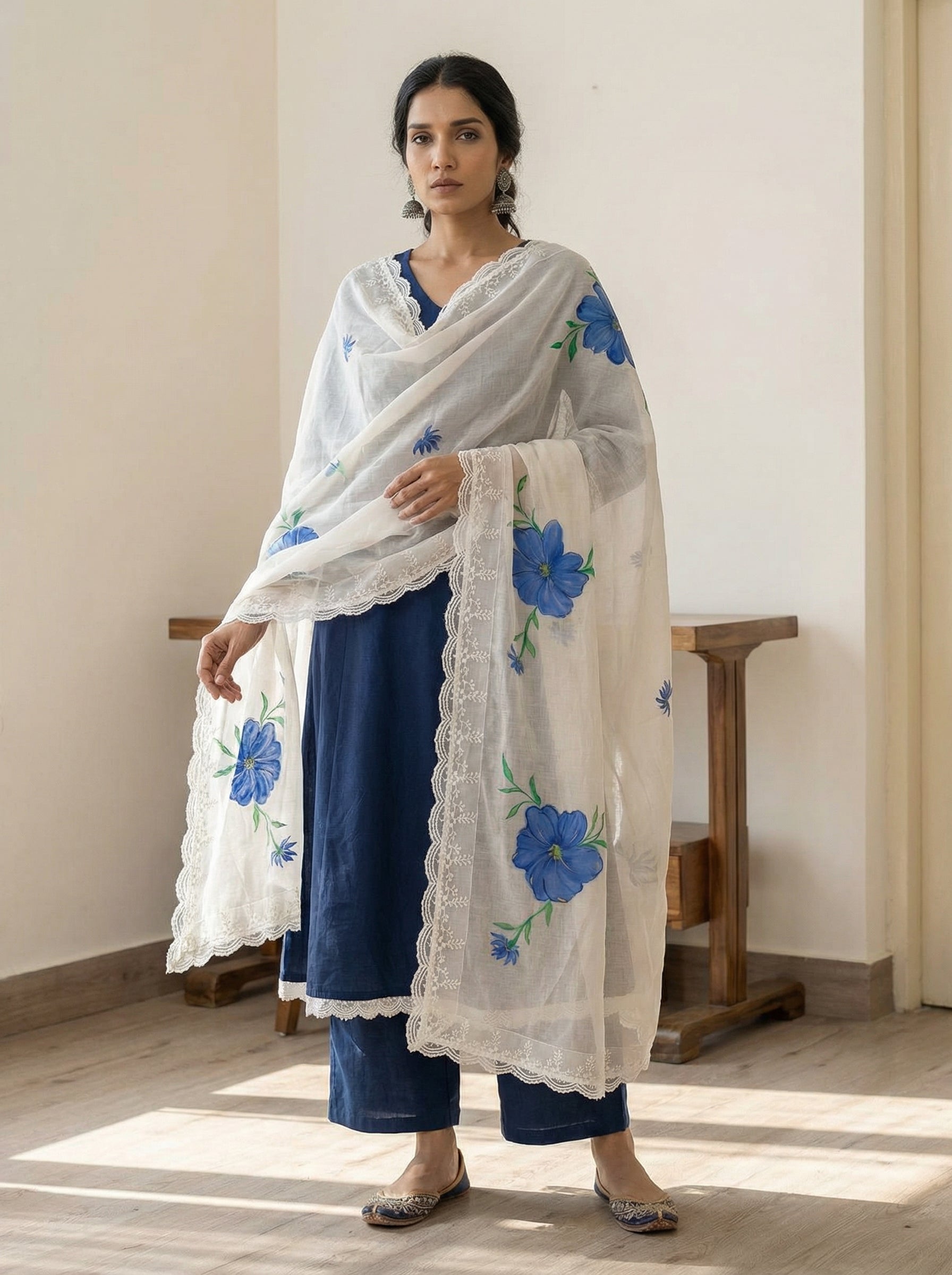 Kaira - tussar linen blend A line kurta set with pure mul cotton handpainted floral dupatta