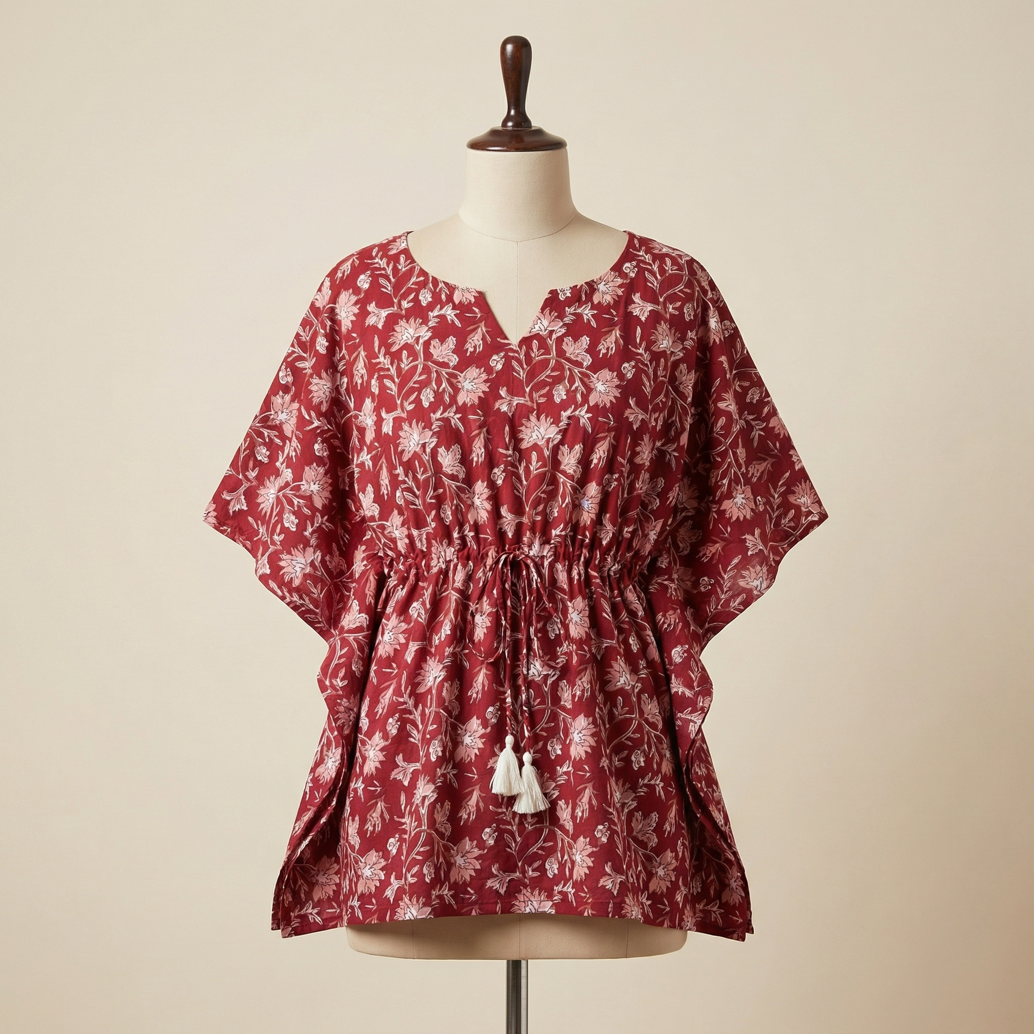 Kaftan Top #7- Floral printed organic cotton kaftan top in maroon