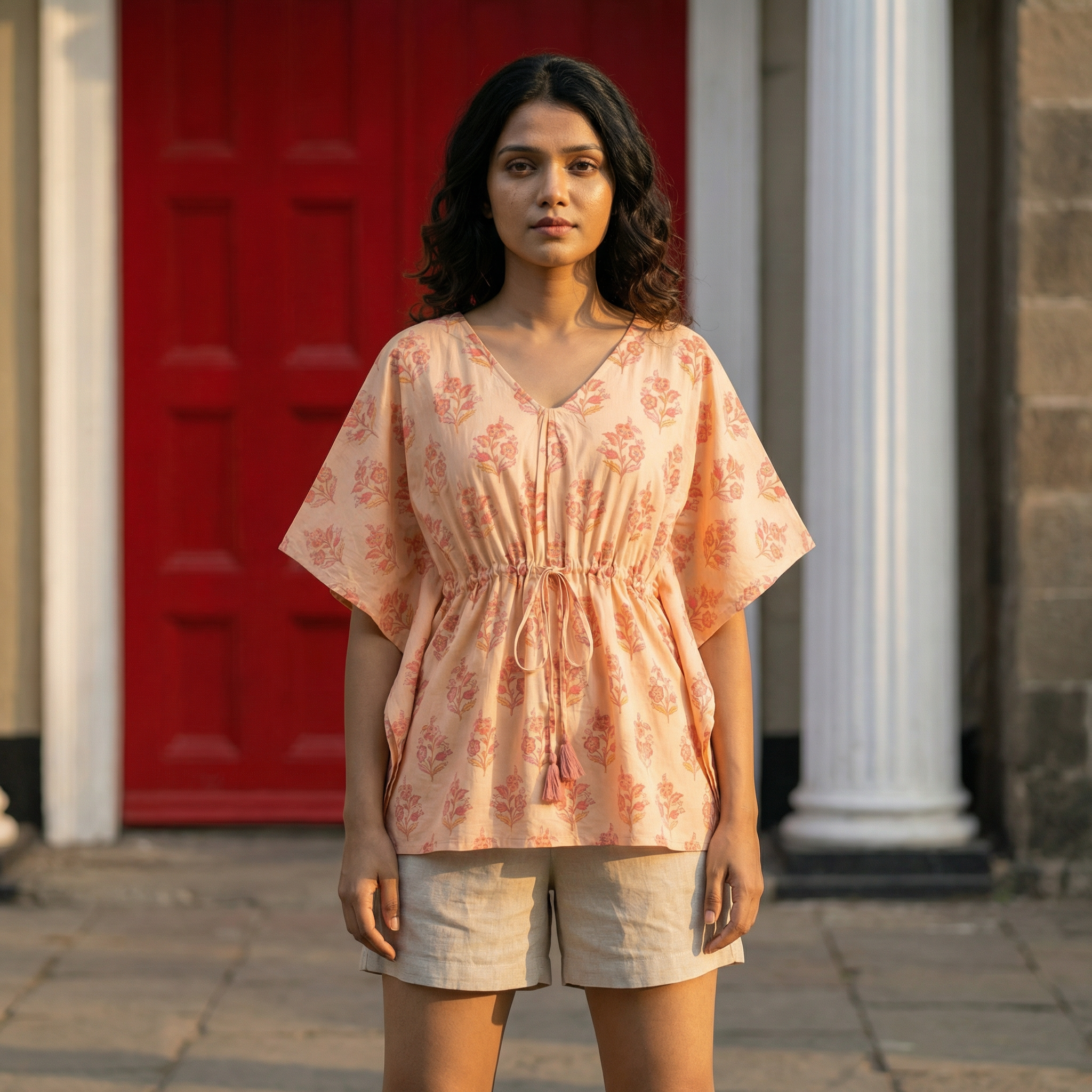 Kaftan Top #22- Floral printed organic cotton kaftan top in peach