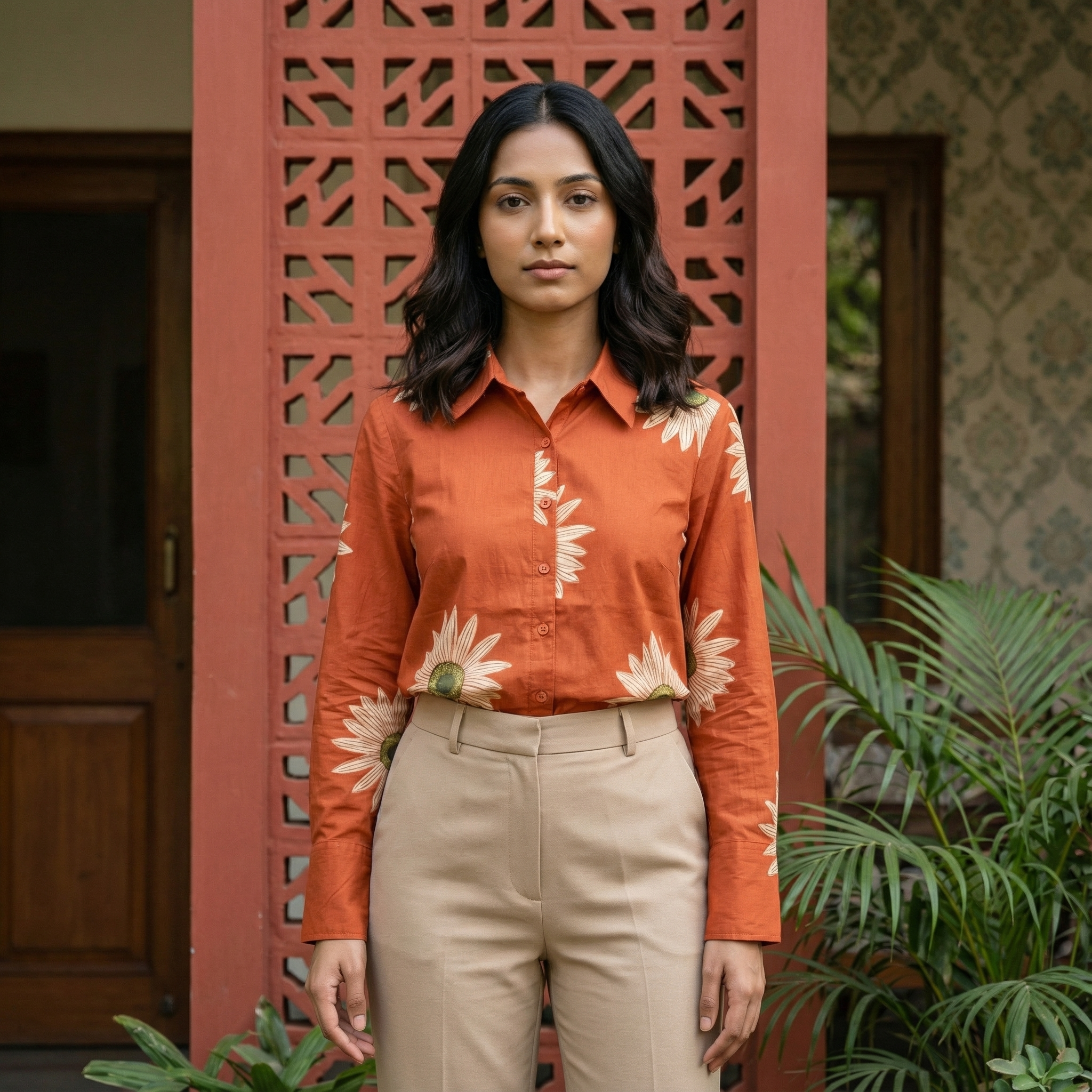 Women's shirt 9 -sunflower printed organic cotton shirt in orange and white