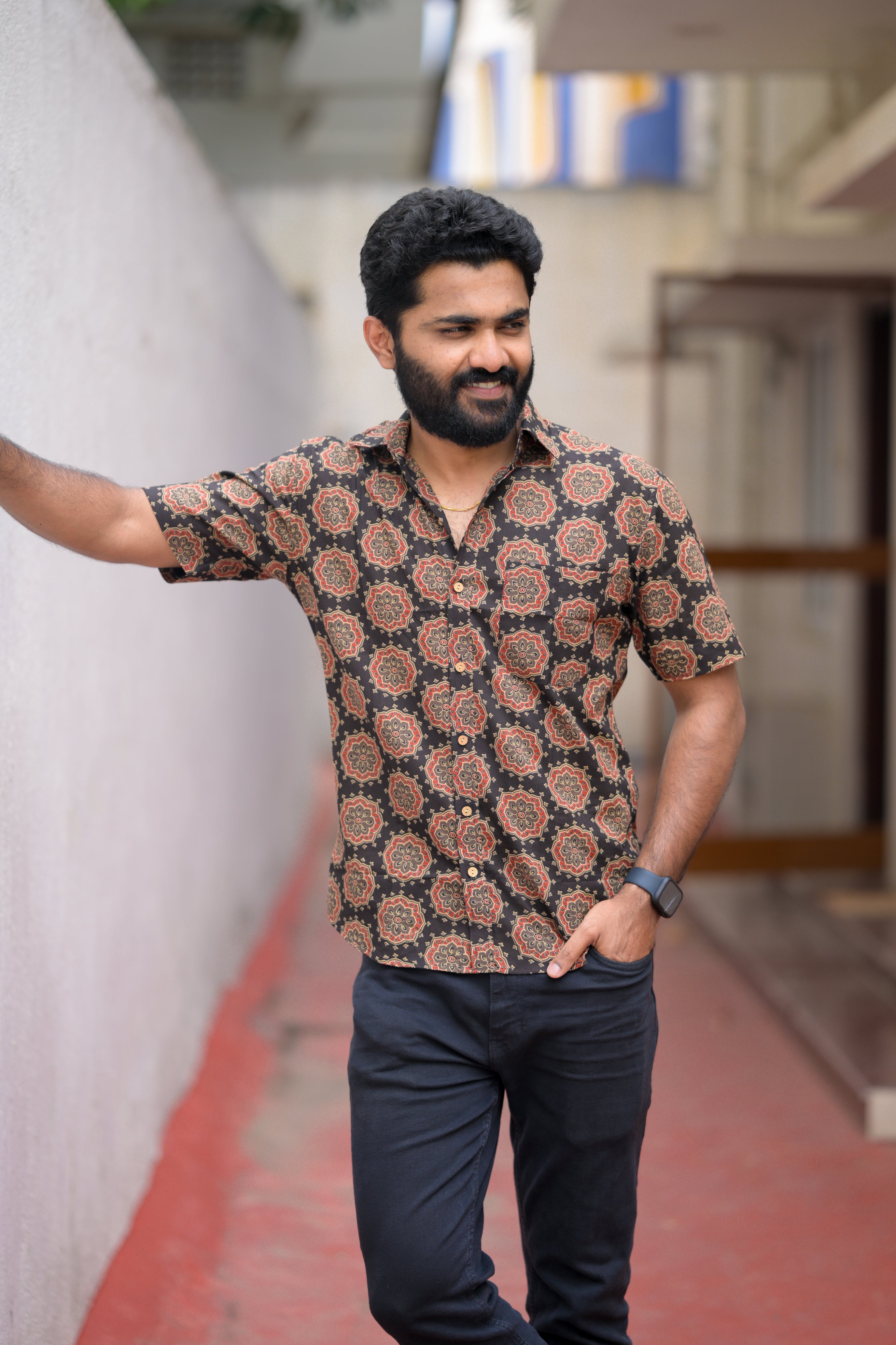 Shirt - 27 - ajrakh handblock printed organic cotton shirt in black and red